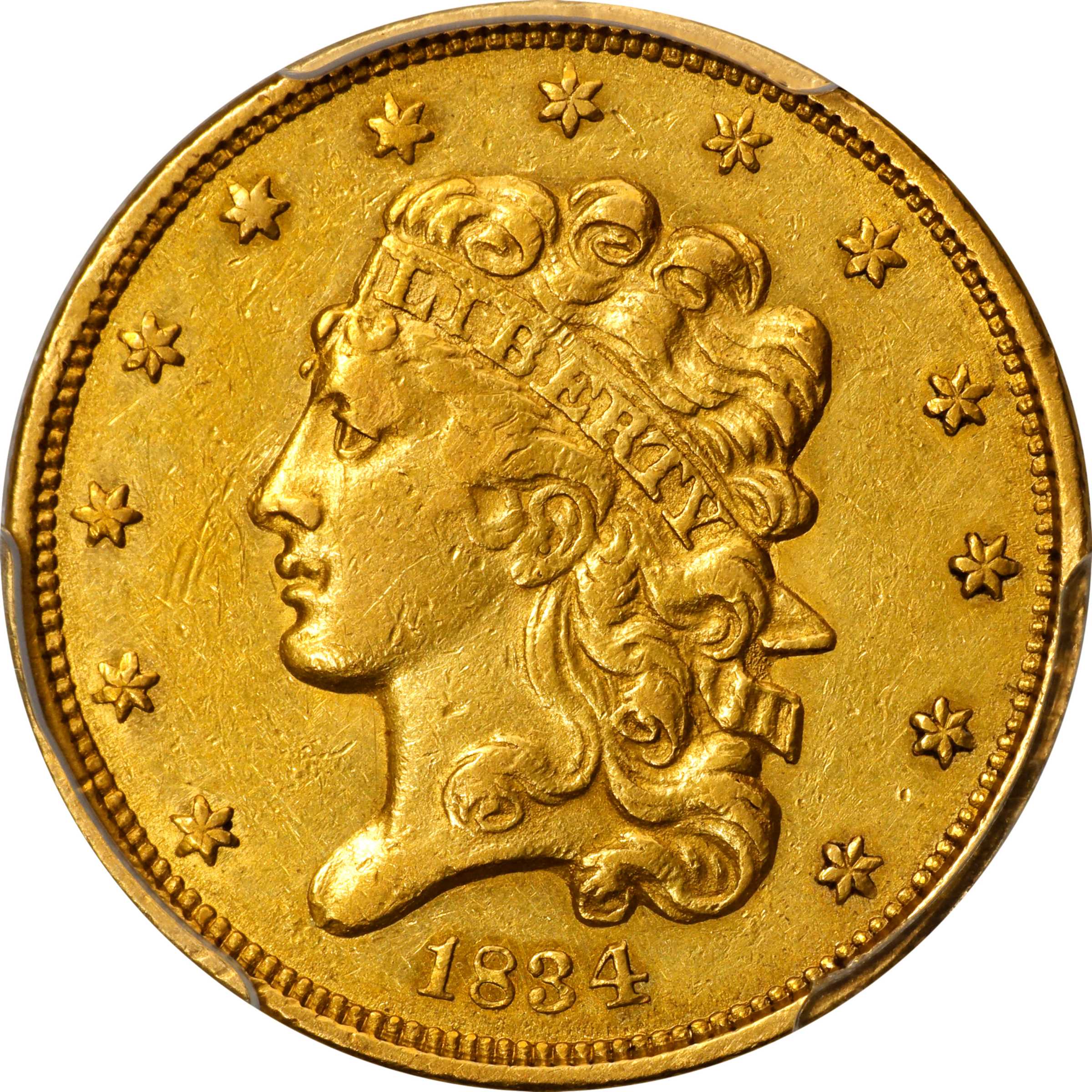 1834 Classic Head Half Eagle. HM-4. Rarity-5+. Plain 4. AU-53 (PCGS).