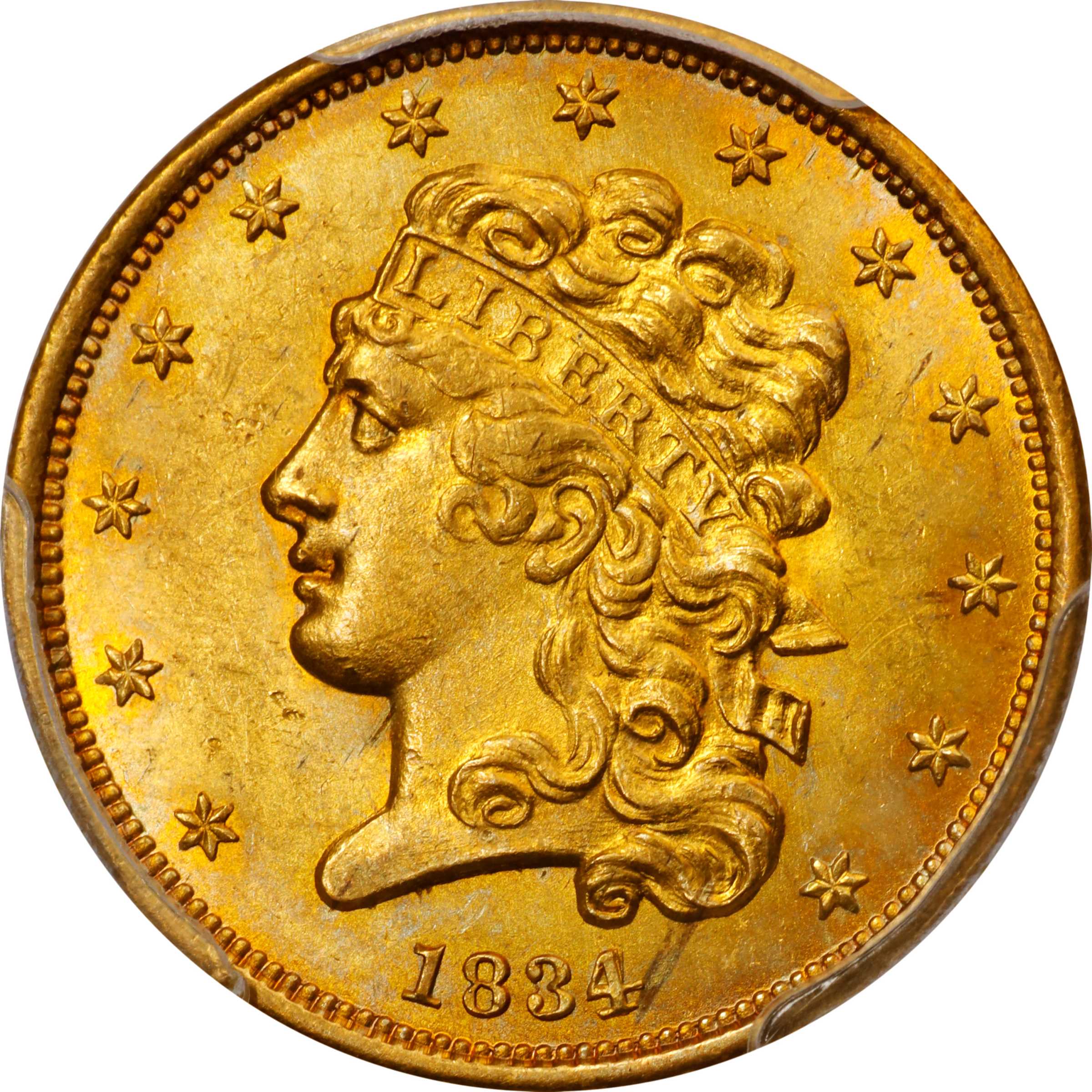 1834 Classic Head Half Eagle. HM-5. Rarity-2. Plain 4. MS-64 (PCGS). CAC.