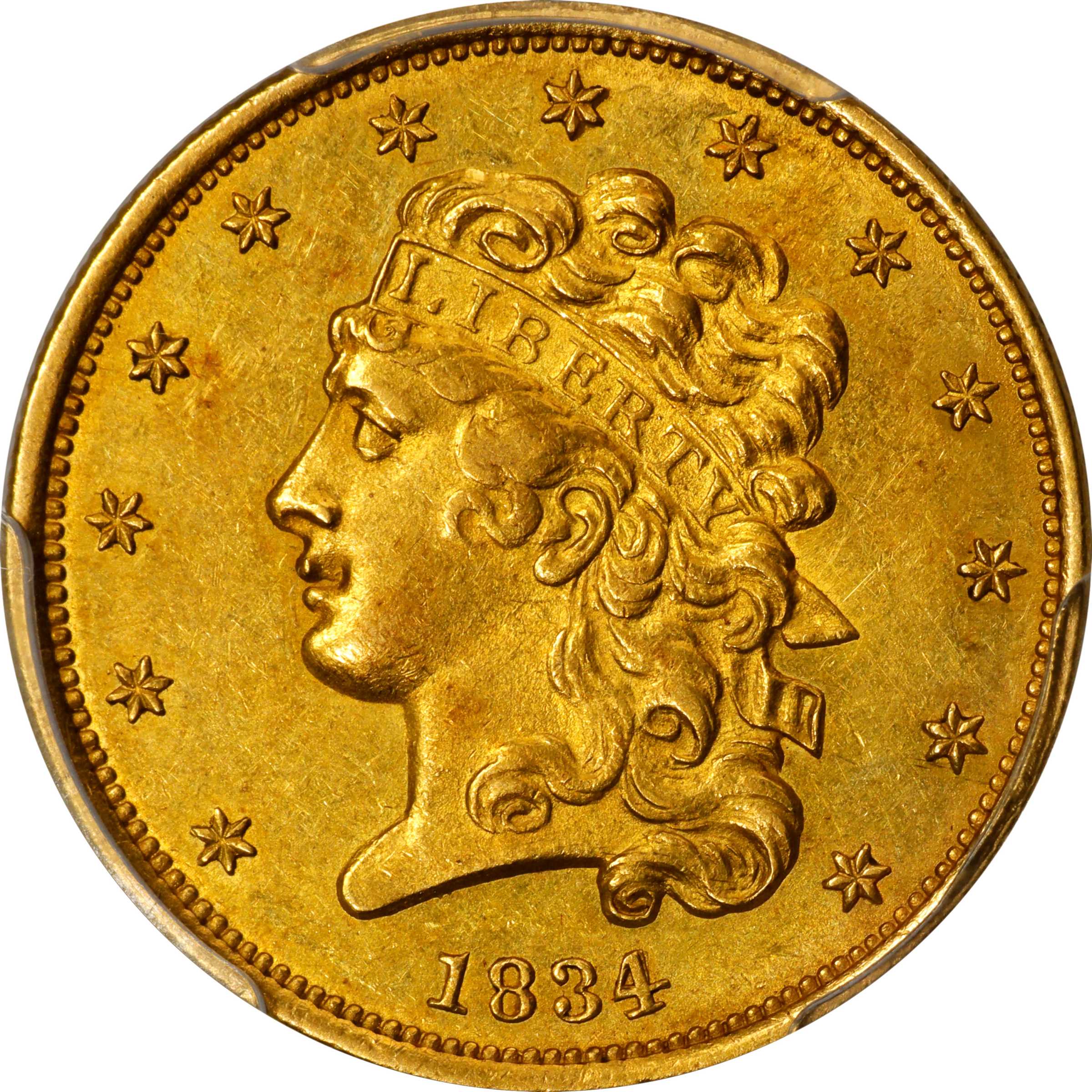 1834 Classic Head Half Eagle. HM-7. Rarity-3. Plain 4. MS-61 (PCGS).