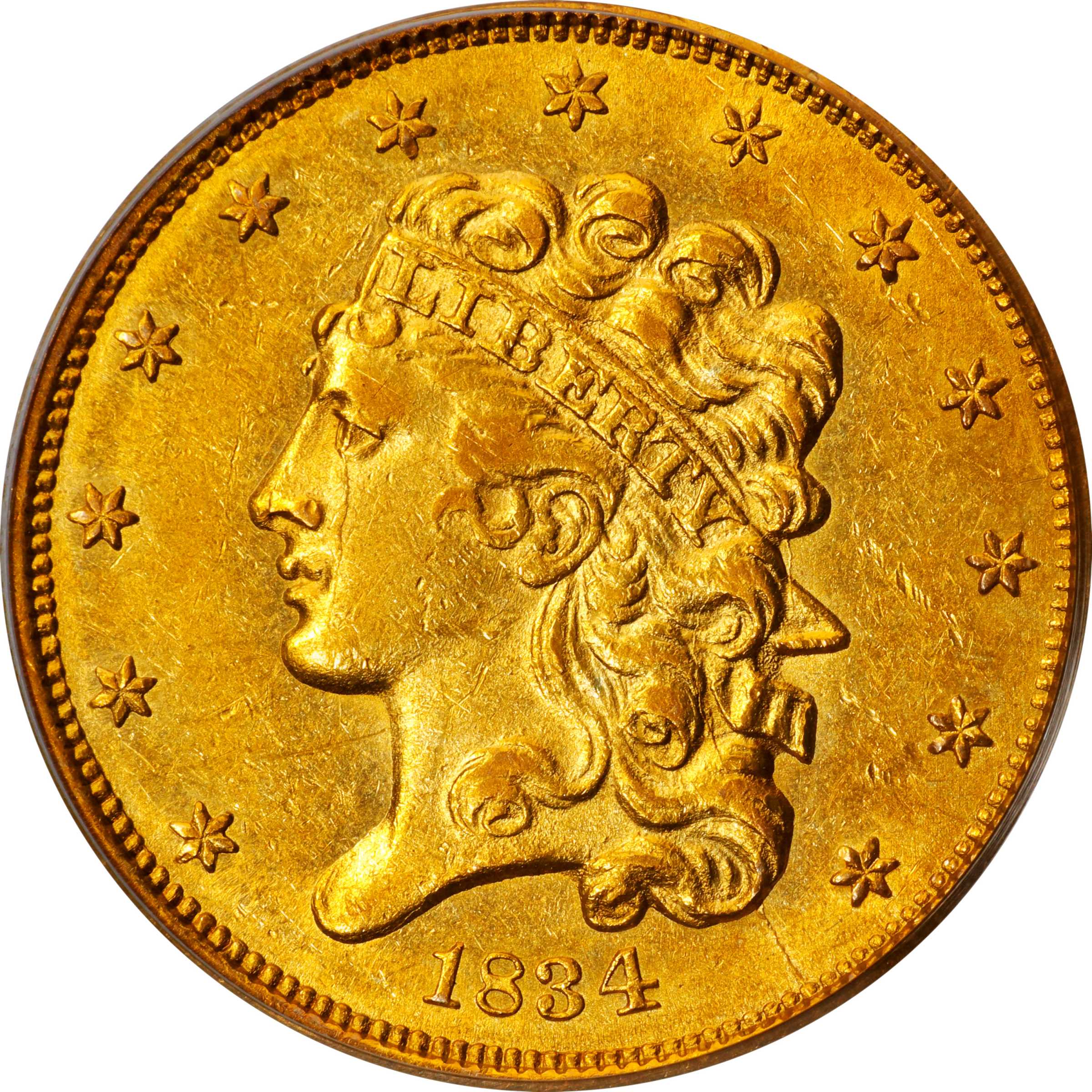 1834 Classic Head Half Eagle. HM-8. Rarity-4. Plain 4. AU-55 (PCGS).