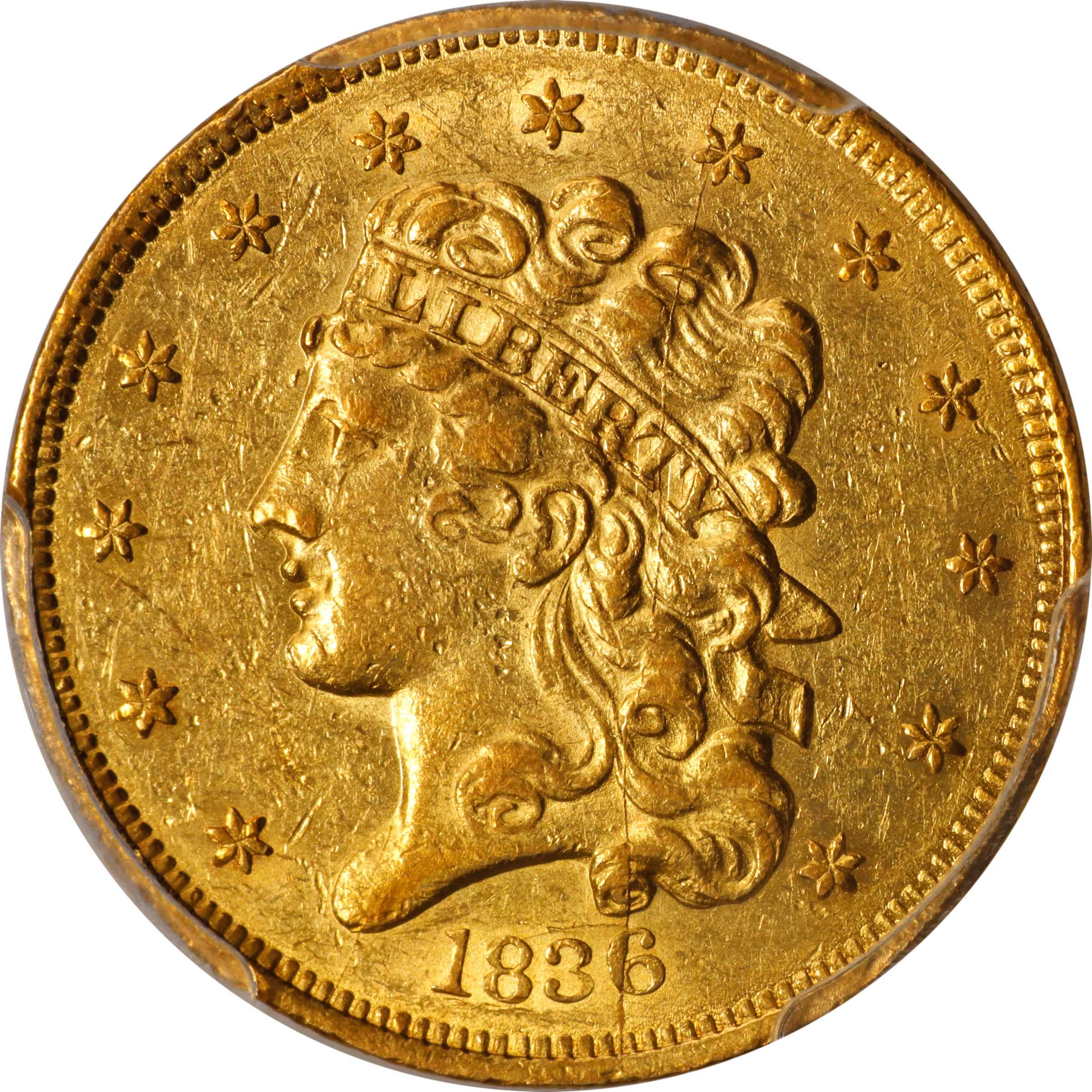 1836 Classic Head Half Eagle. HM-3. Rarity-4. AU-55 (PCGS).
