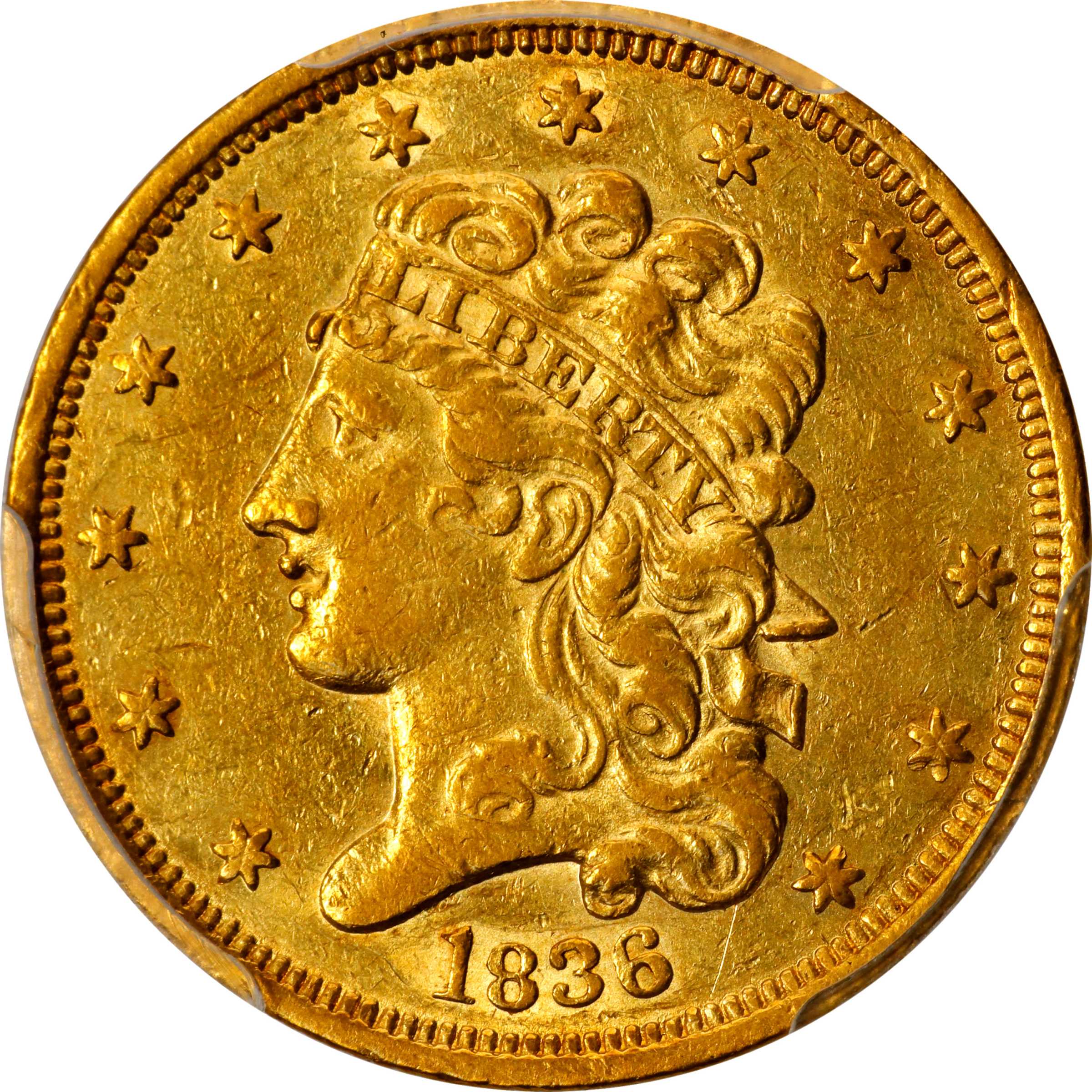 1836 Classic Head Half Eagle. HM-4. Rarity-3+. AU-50 (PCGS).
