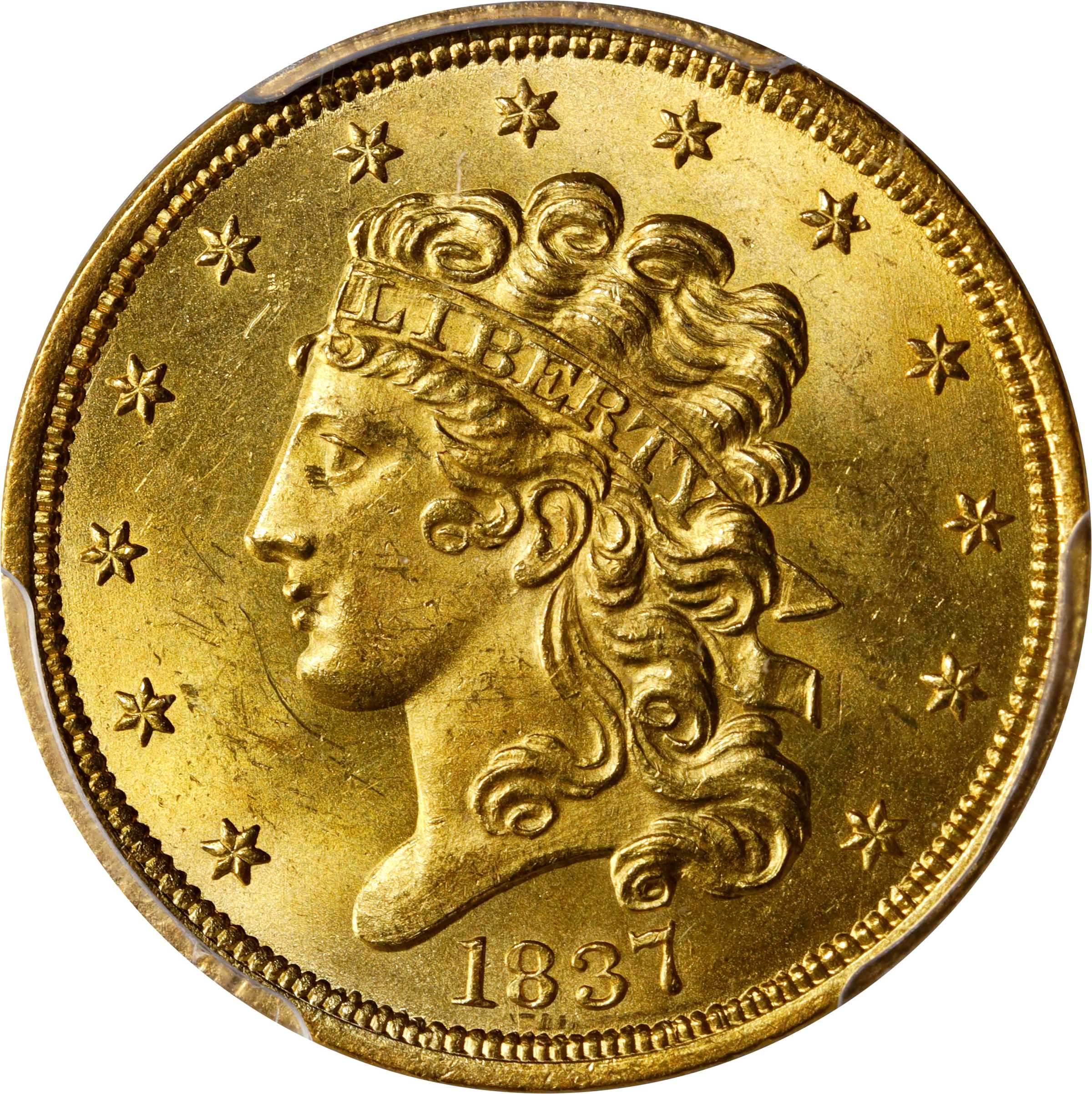 1837 Classic Head Half Eagle. HM-2. Rarity-3+. Block 8, Broken Arrow. MS-64+ (PCGS). CAC.