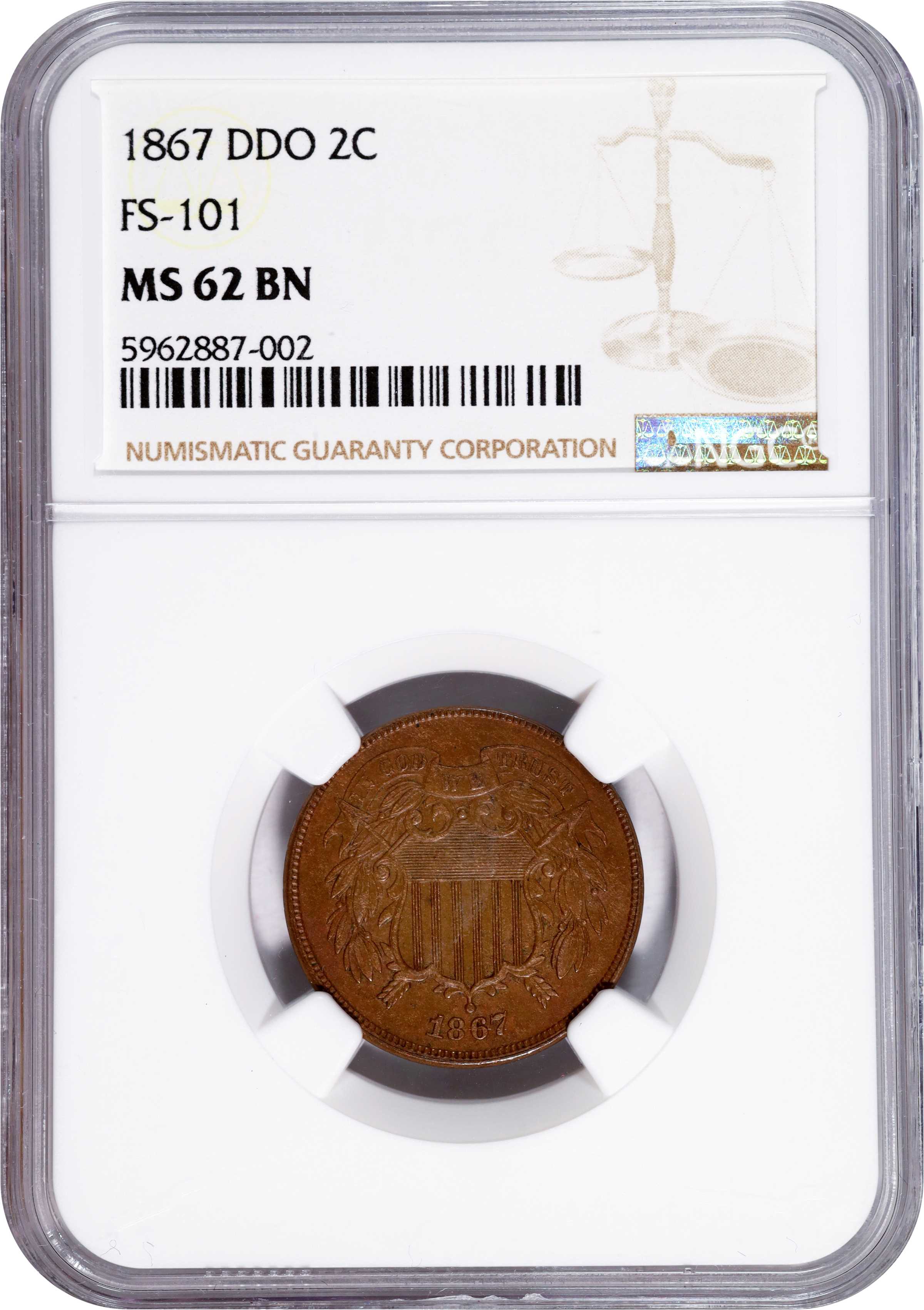 1867 2c Doubled Die Obverse , FS-101 MS BN MS63 BN thumbnail 3