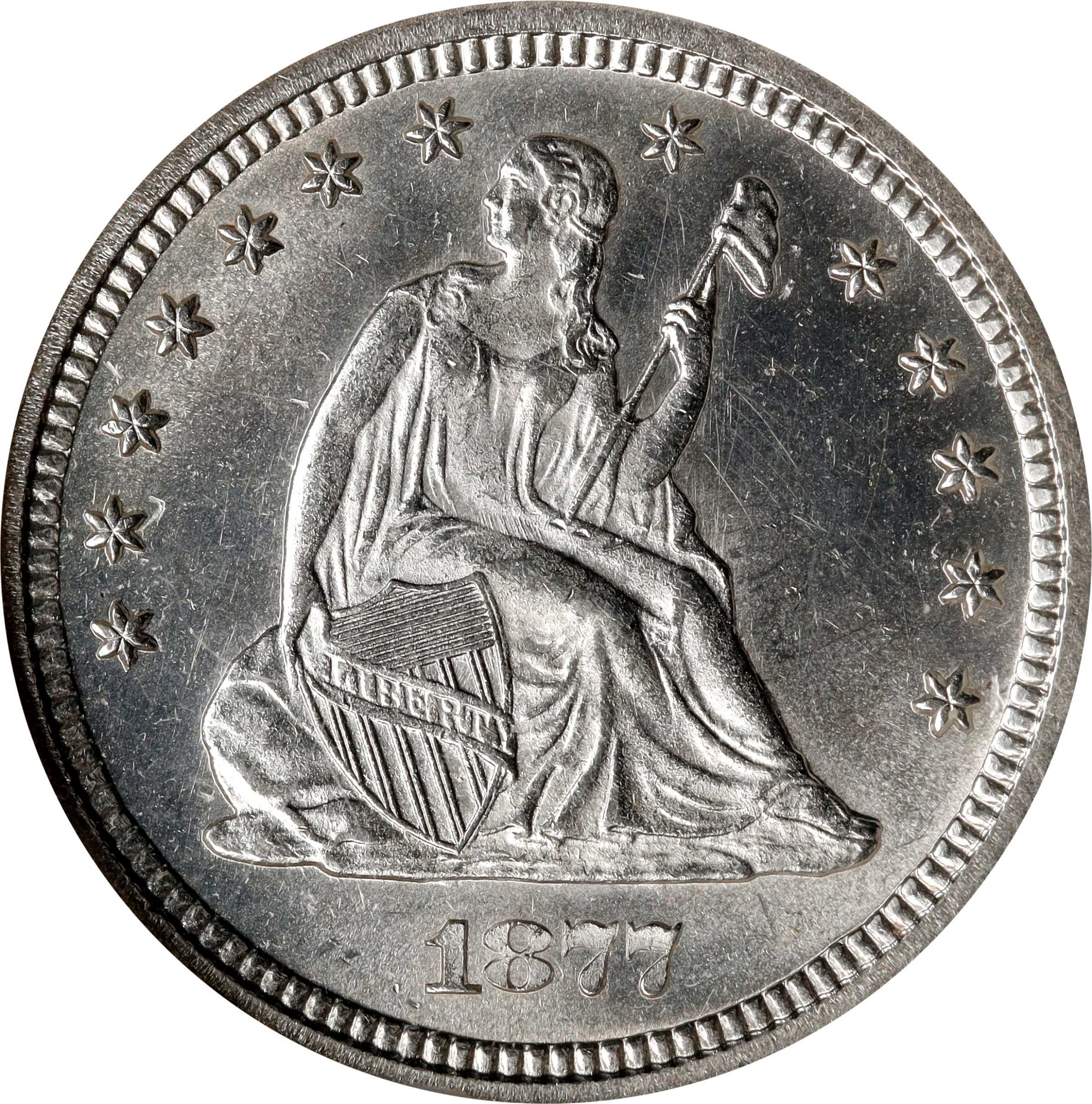1877-S/S Liberty Seated Quarter. Briggs 4-D, FS-501. S/Horizontal S. MS-64 (NGC).