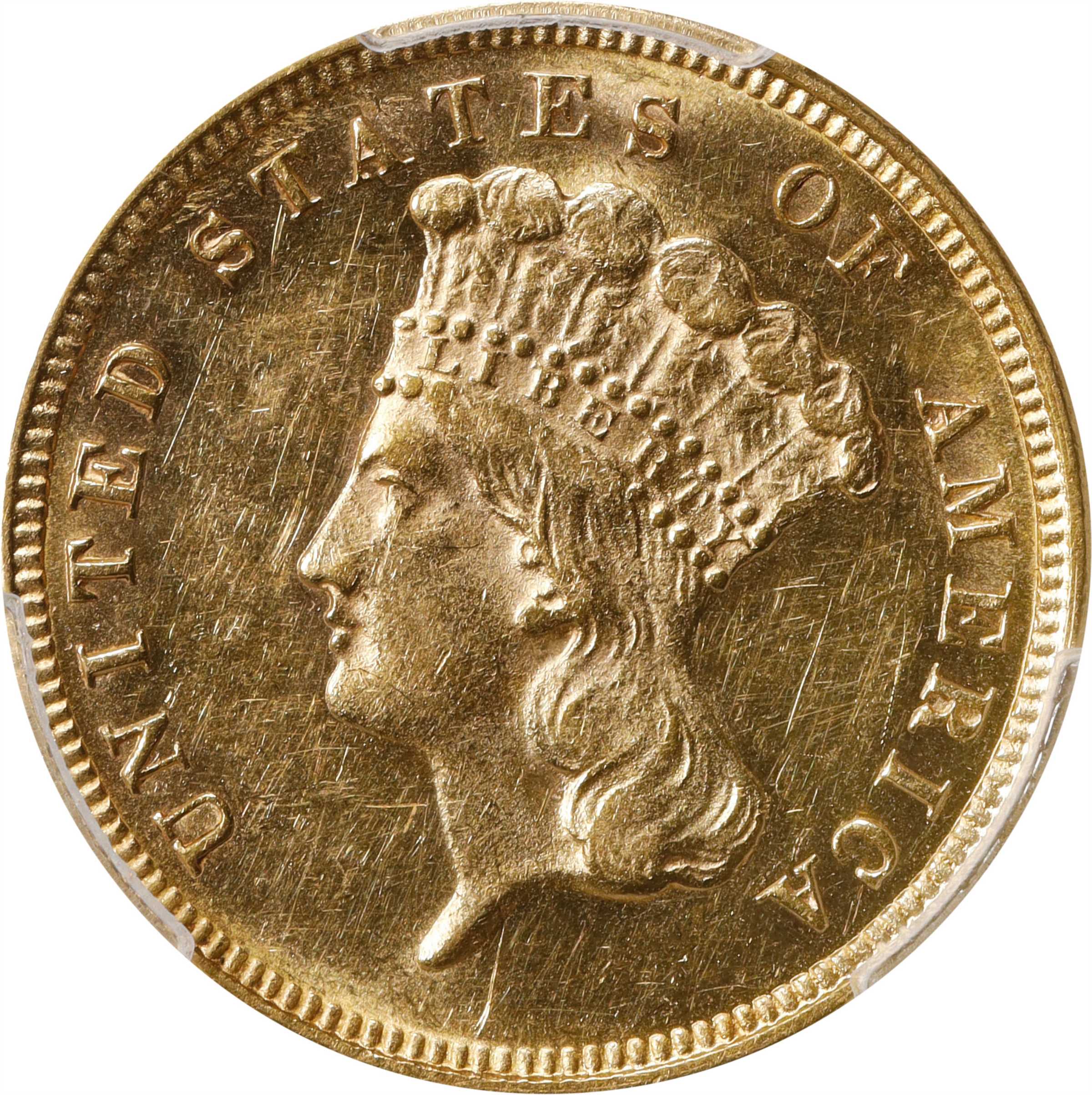 1882 Three-Dollar Gold Piece. FS-301. Repunched Date. MS-60 (PCGS).