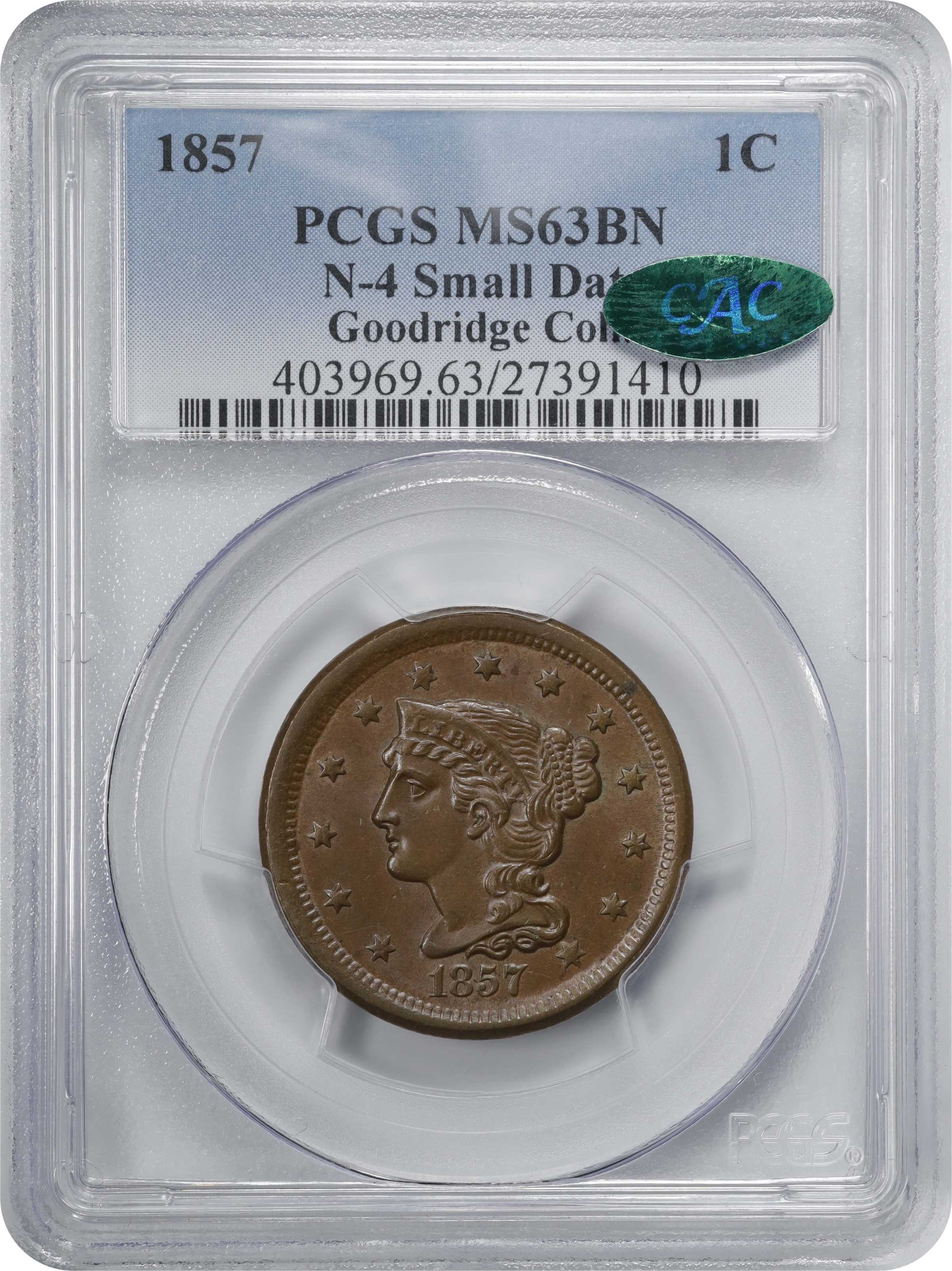 1857 1c Small Date, N-4 MS BN MS63 BN thumbnail 7