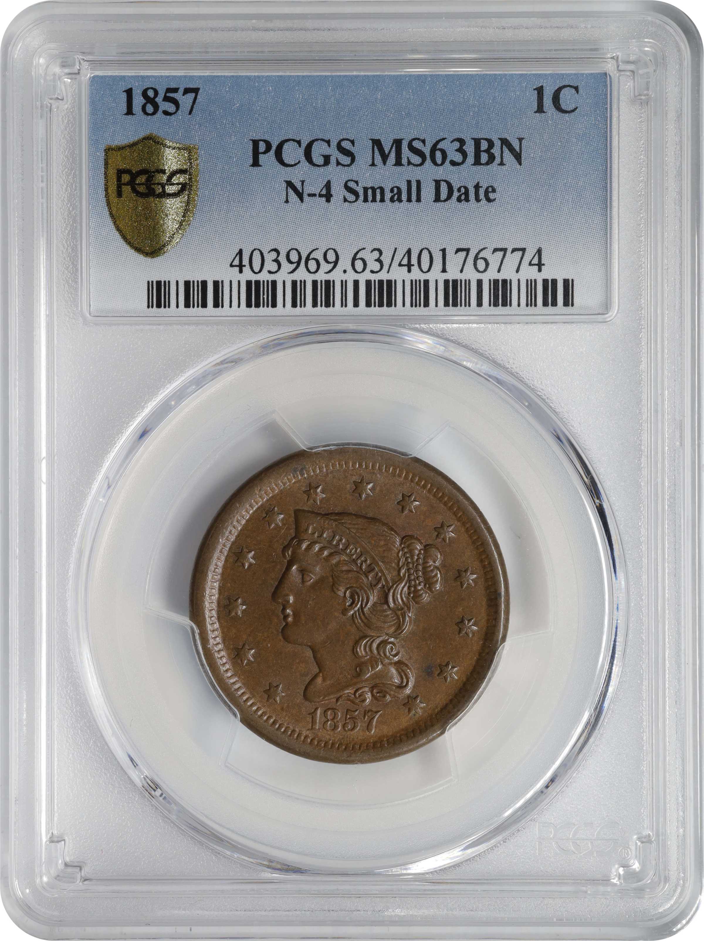 1857 1c Small Date, N-4 MS BN MS63 BN thumbnail 3