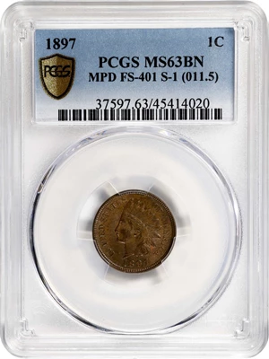 image for: 1897 Indian Cent. Snow-1, FS-401. Misplaced Date, 1 in Neck. MS-63 BN (PCGS).