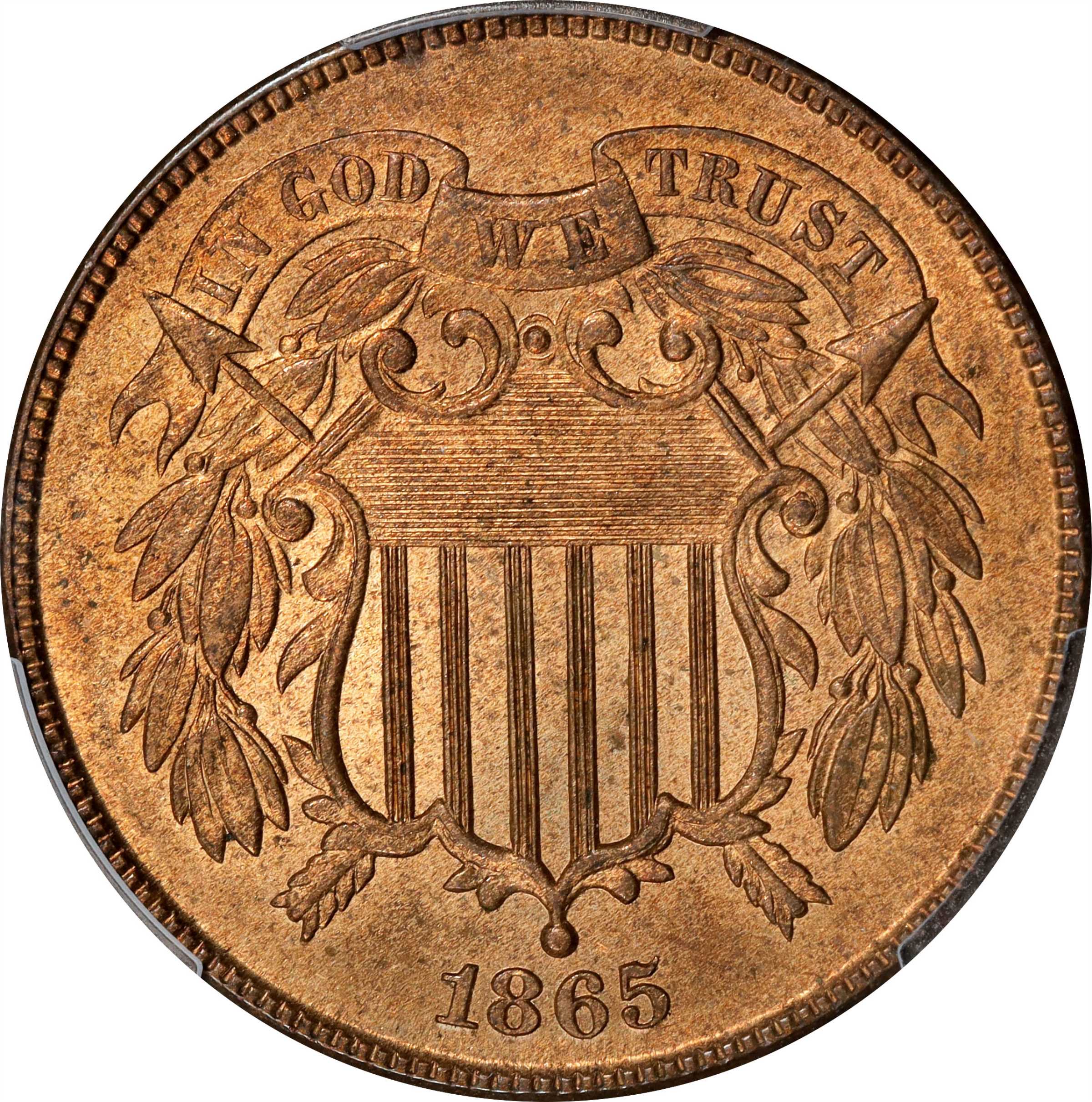 1865 Two-Cent Piece. Fancy 5. MS-65 RB (PCGS).