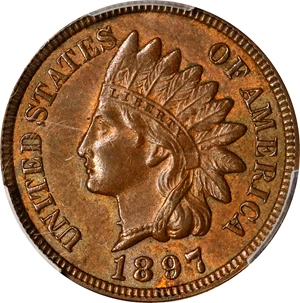 image for: 1897 Indian Cent. Snow-1, FS-401. Misplaced Date, 1 in Neck. MS-62 BN (PCGS).