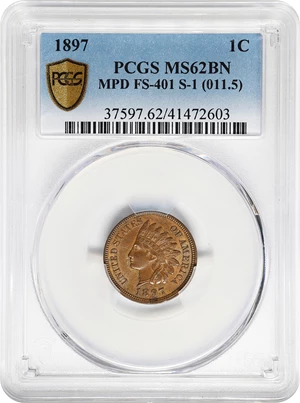 image for: 1897 Indian Cent. Snow-1, FS-401. Misplaced Date, 1 in Neck. MS-62 BN (PCGS).
