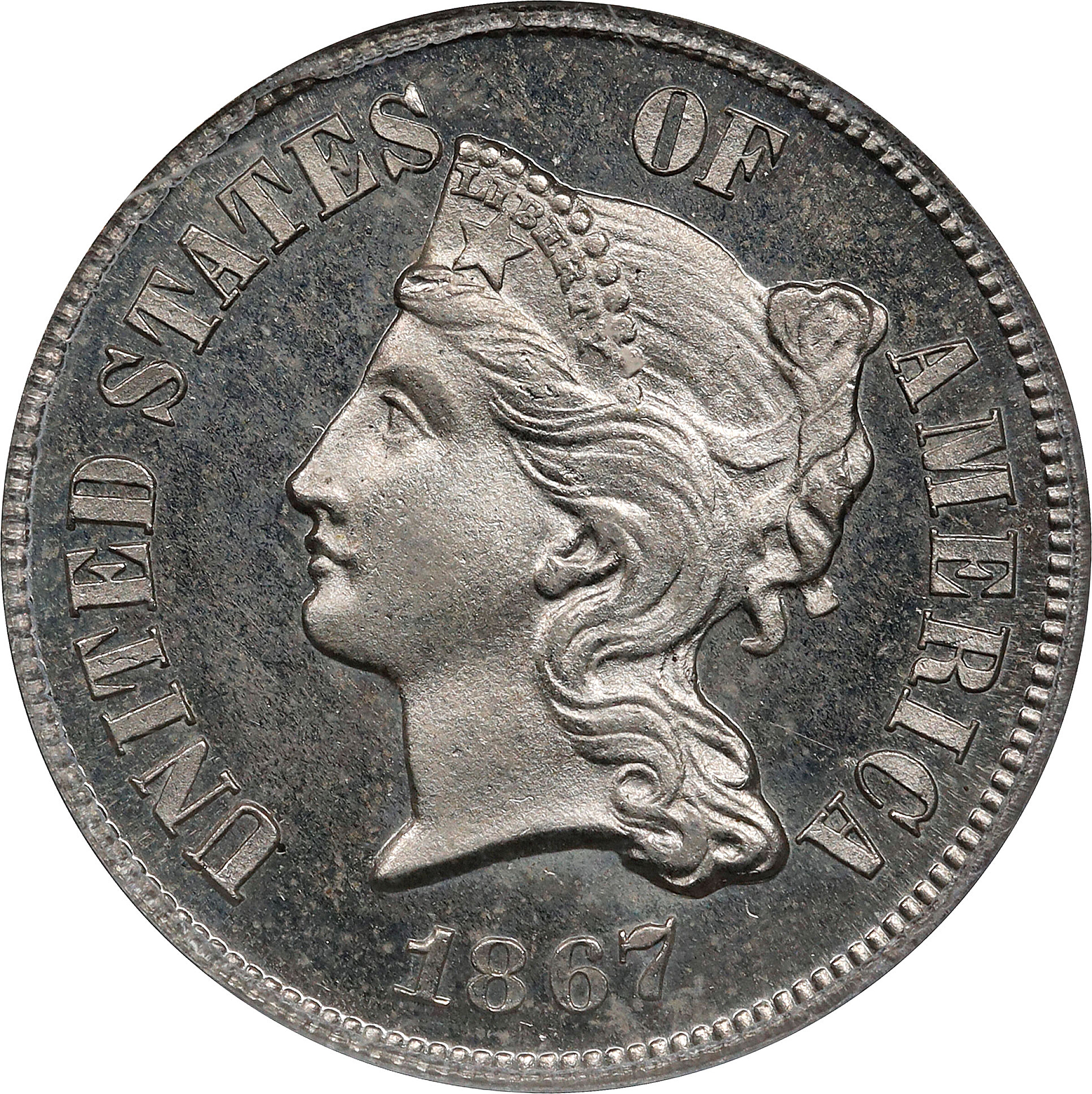 1867 Pattern Five Cents. Judd-570, Pollock-638. Rarity-5. Nickel. Plain Edge. Proof-65 Cameo (PCGS). CAC.