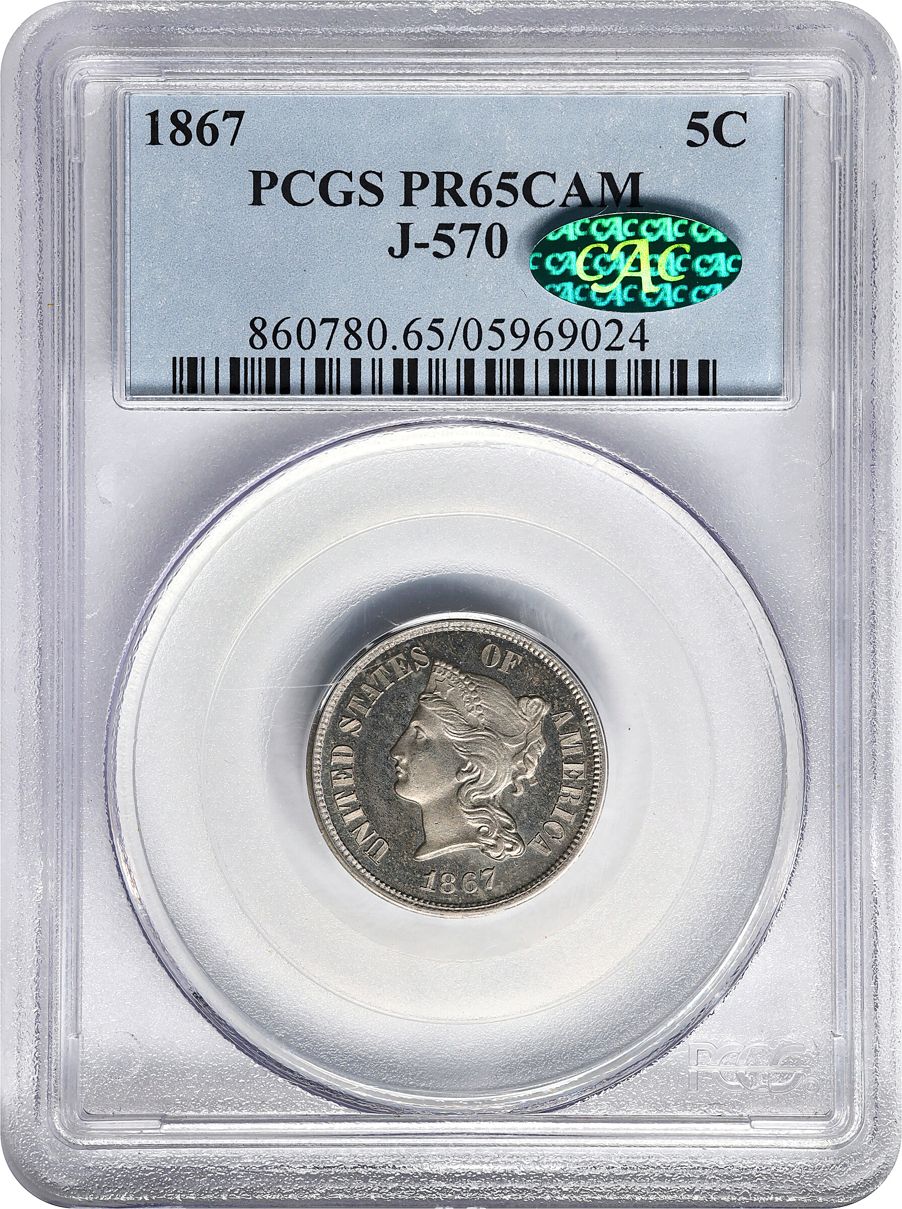 1867 P5c Nickel, J-570 PR CAM PR64 CAM CAC thumbnail 3