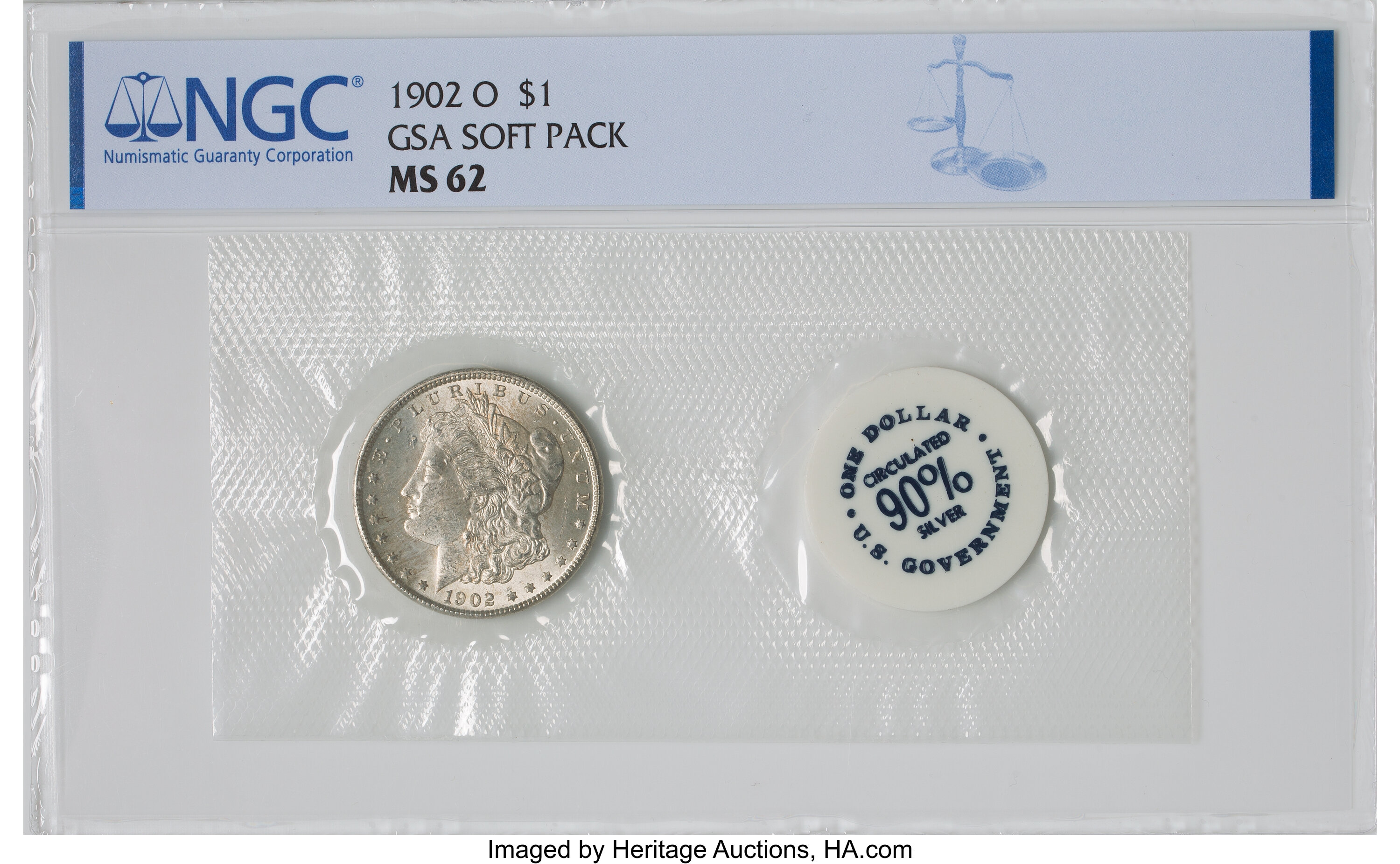 1902-O $1 GSA Soft Pack MS62 NGC. NGC Census: (7/7). PCGS Population: (0/0). MS62. Mintage 8,636,000....