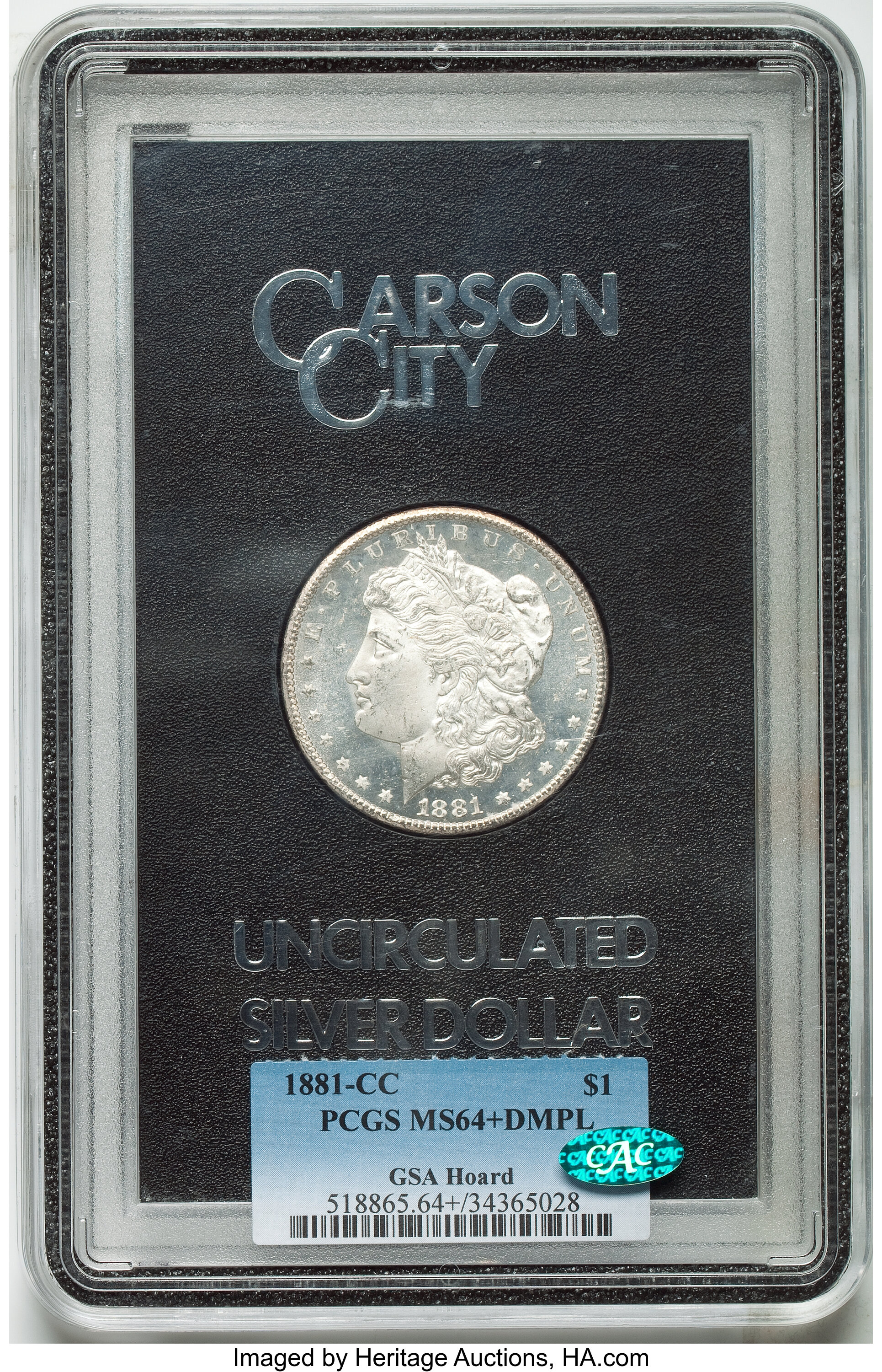 1881-CC $1 GSA MS64+ Deep Mirror Prooflike PCGS. CAC. PCGS Population: (7/13 and 5/3+). NGC Census: (0/0 and 0/0+). MS64. ...