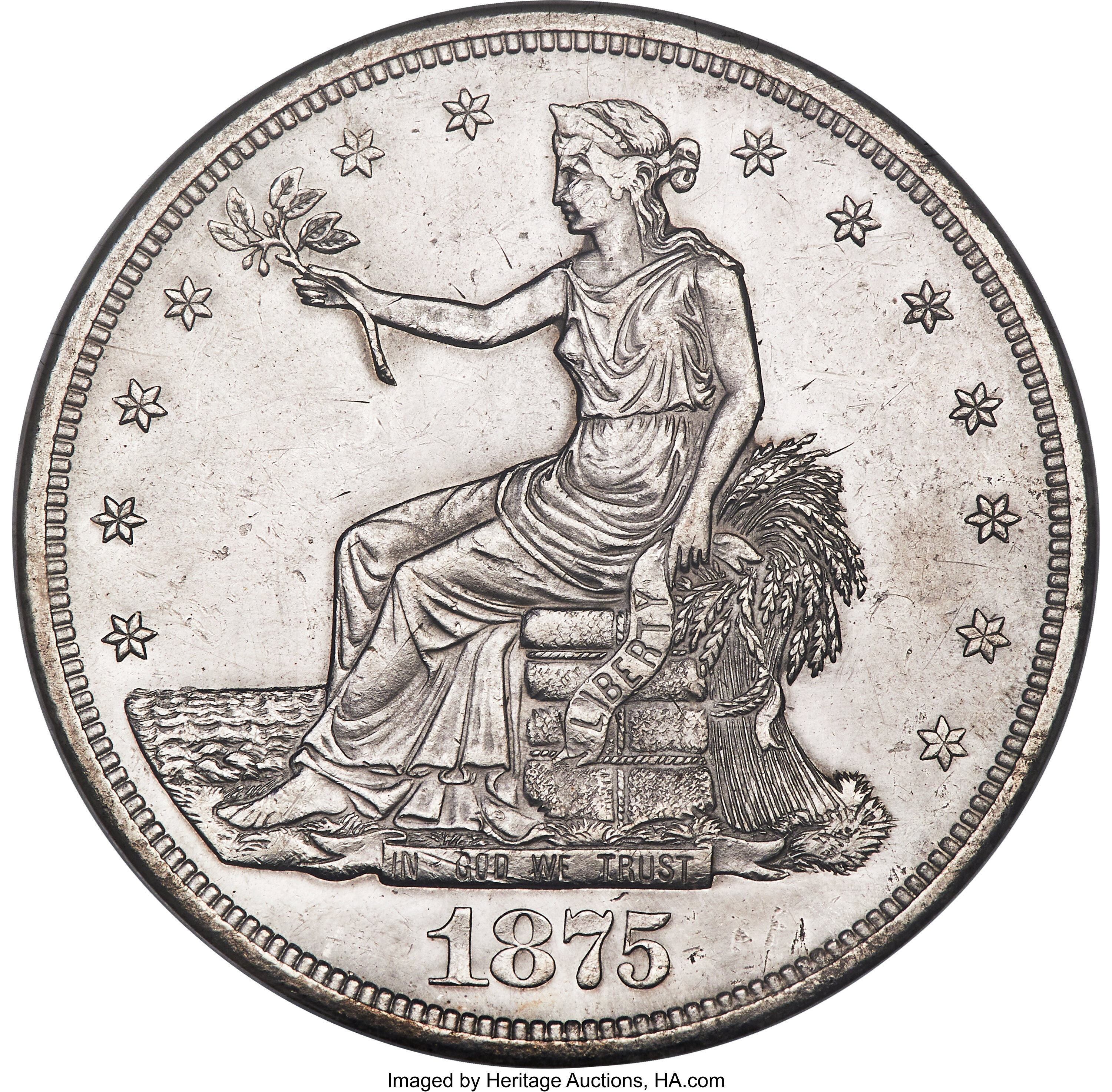 1875-CC T$1 Type One Reverse MS62 NGC. Tall CC. A collectible Mint State example of this Carson City issue, showing satiny,...