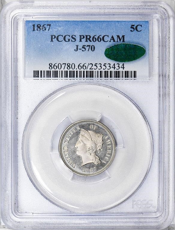 1867 P5c Nickel, J-570 PR CAM PR64 CAM CAC thumbnail 7