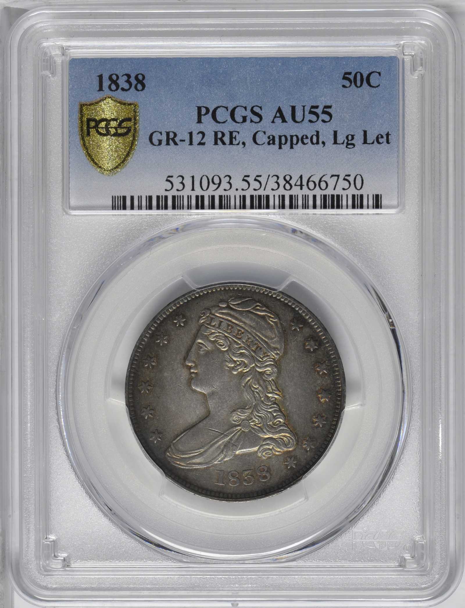 1838 50c Reeded Edge, GR-12 F15 CAC thumbnail 3