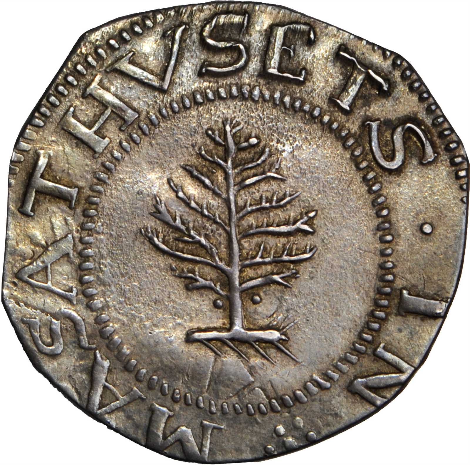 1652 Pine Tree Shilling. Large Planchet. Noe-1, Salmon 1-A, W-690. Rarity-2. Pellets at Trunk. MS-62 (PCGS).