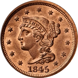image for: 1845 Braided Hair Cent. N-9. Rarity-2. MS-64 RD (PCGS). CAC.