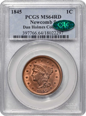 image for: 1845 Braided Hair Cent. N-9. Rarity-2. MS-64 RD (PCGS). CAC.