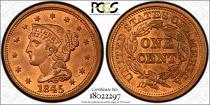 image for: 1845 Braided Hair Cent. N-9. Rarity-2. MS-64 RD (PCGS). CAC.