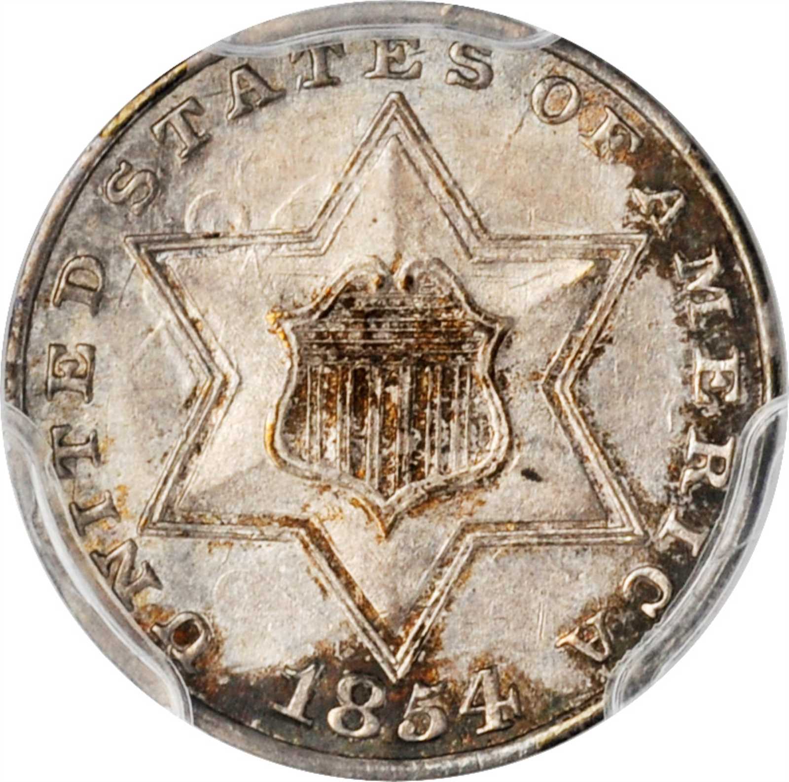 1854 Silver Three-Cent Piece. FS-301. Repunched Date. MS-62 (PCGS).