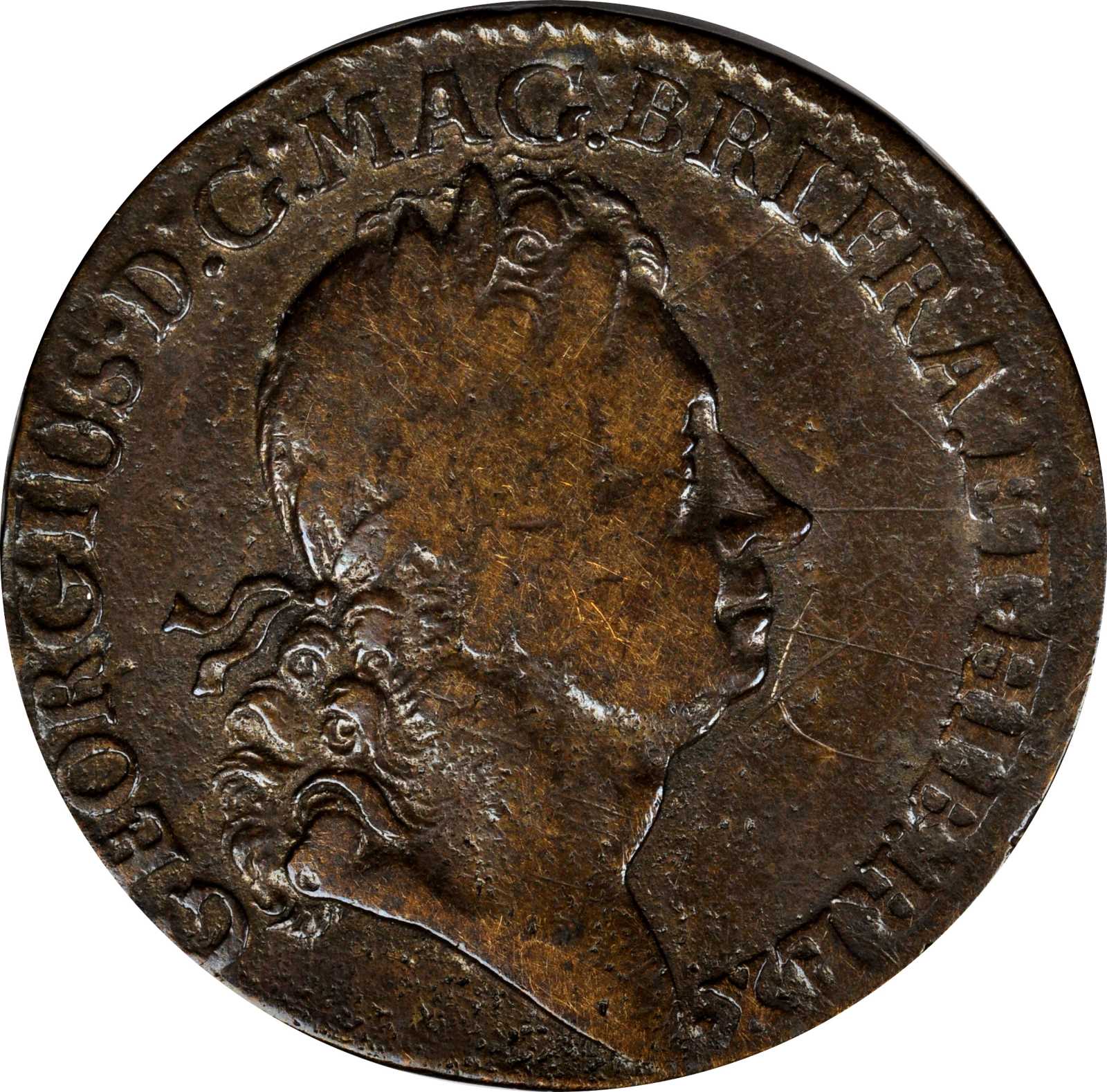 1722 Rosa Americana Twopence. Martin 3.12-C.2, W-1326. Rarity-3. Period After REX, Old Head. Very Fine, Graffiti, Cleaned.