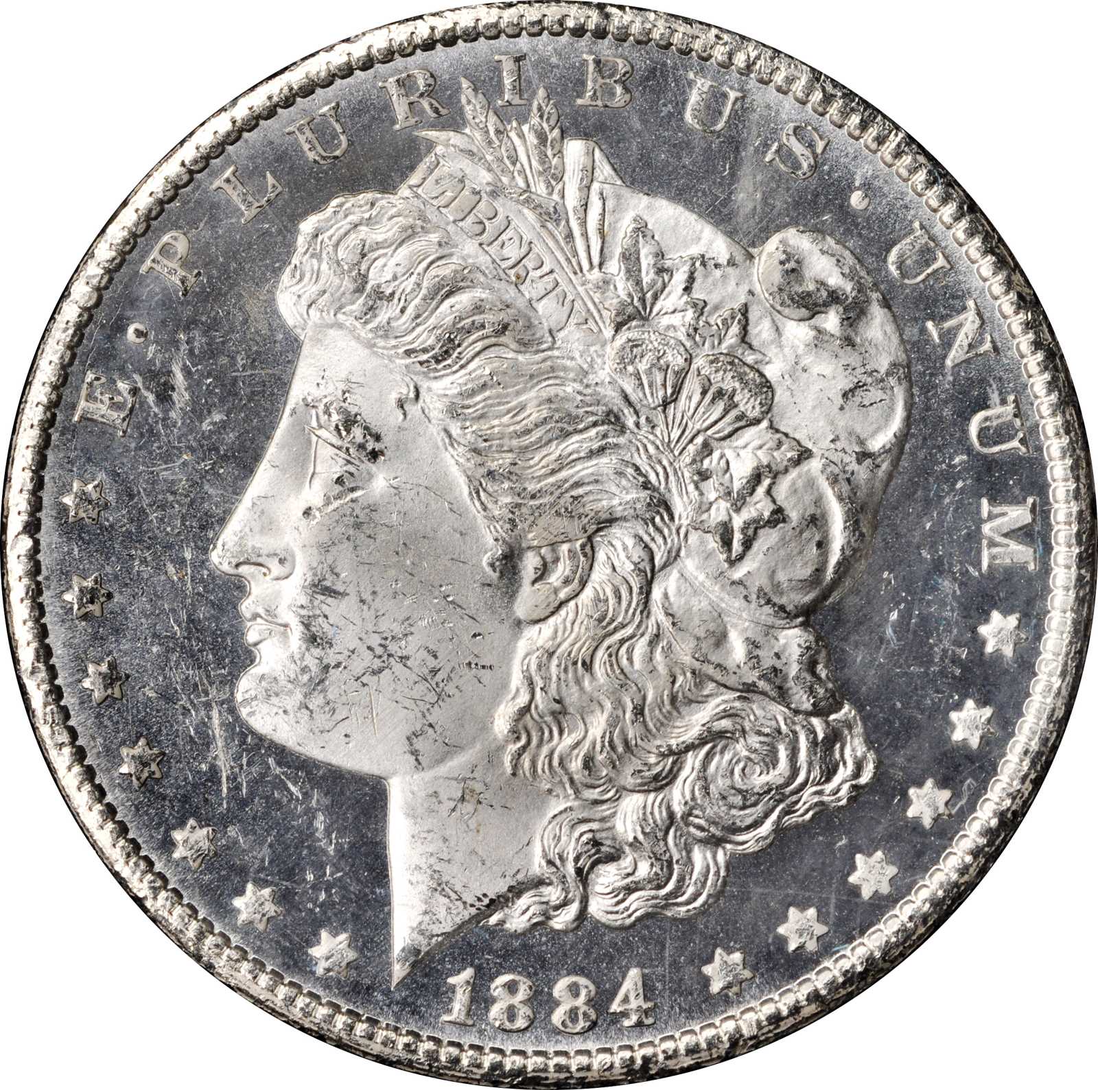 1884-CC GSA Morgan Silver Dollar. Mint State, Prooflike (Uncertified).