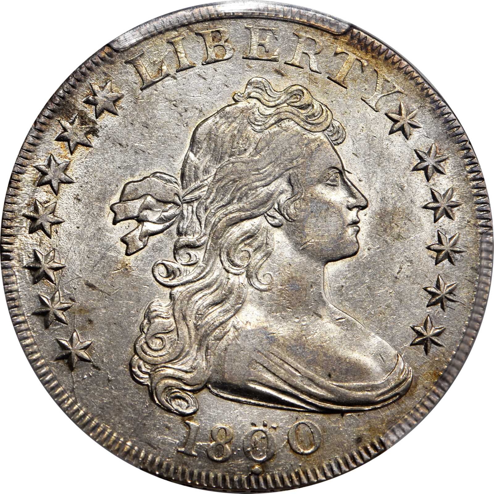 1800 Draped Bust Silver Dollar. BB-194, B-14a. Rarity-3. Dotted Date. AU-55 (PCGS).