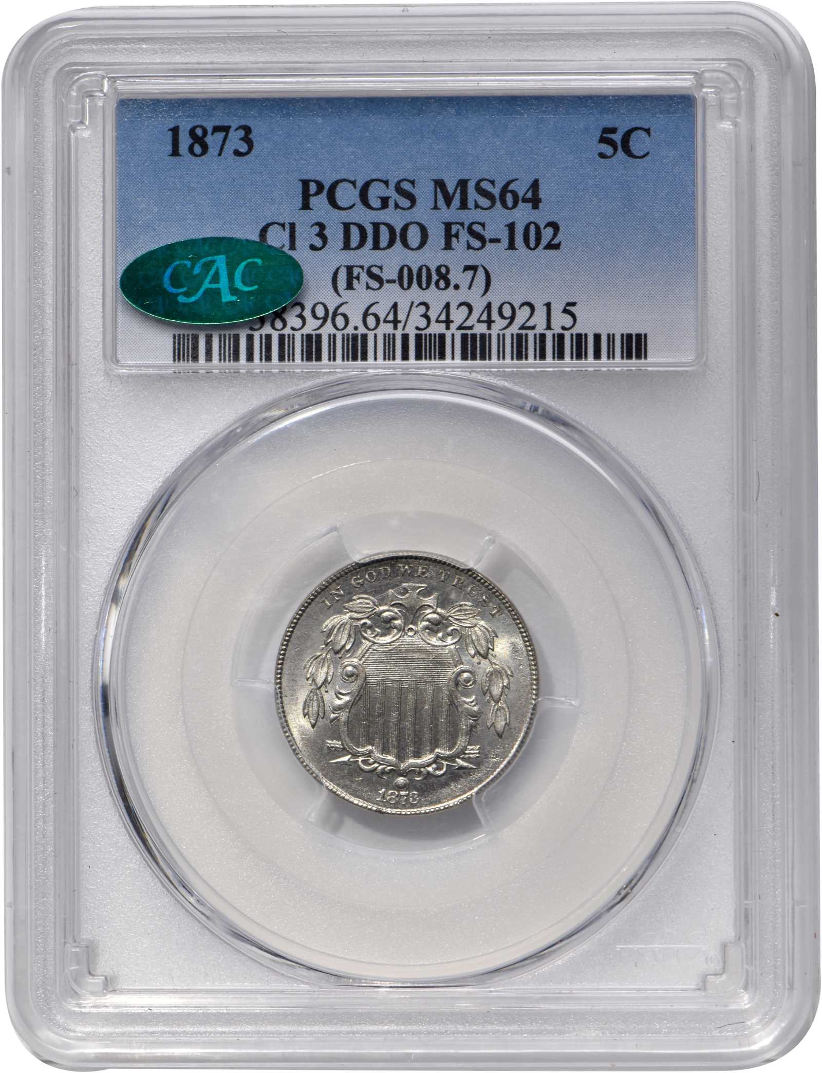 1873 5c Doubled Die Obverse, Closed 3, FS-102 MS63 CAC thumbnail 5