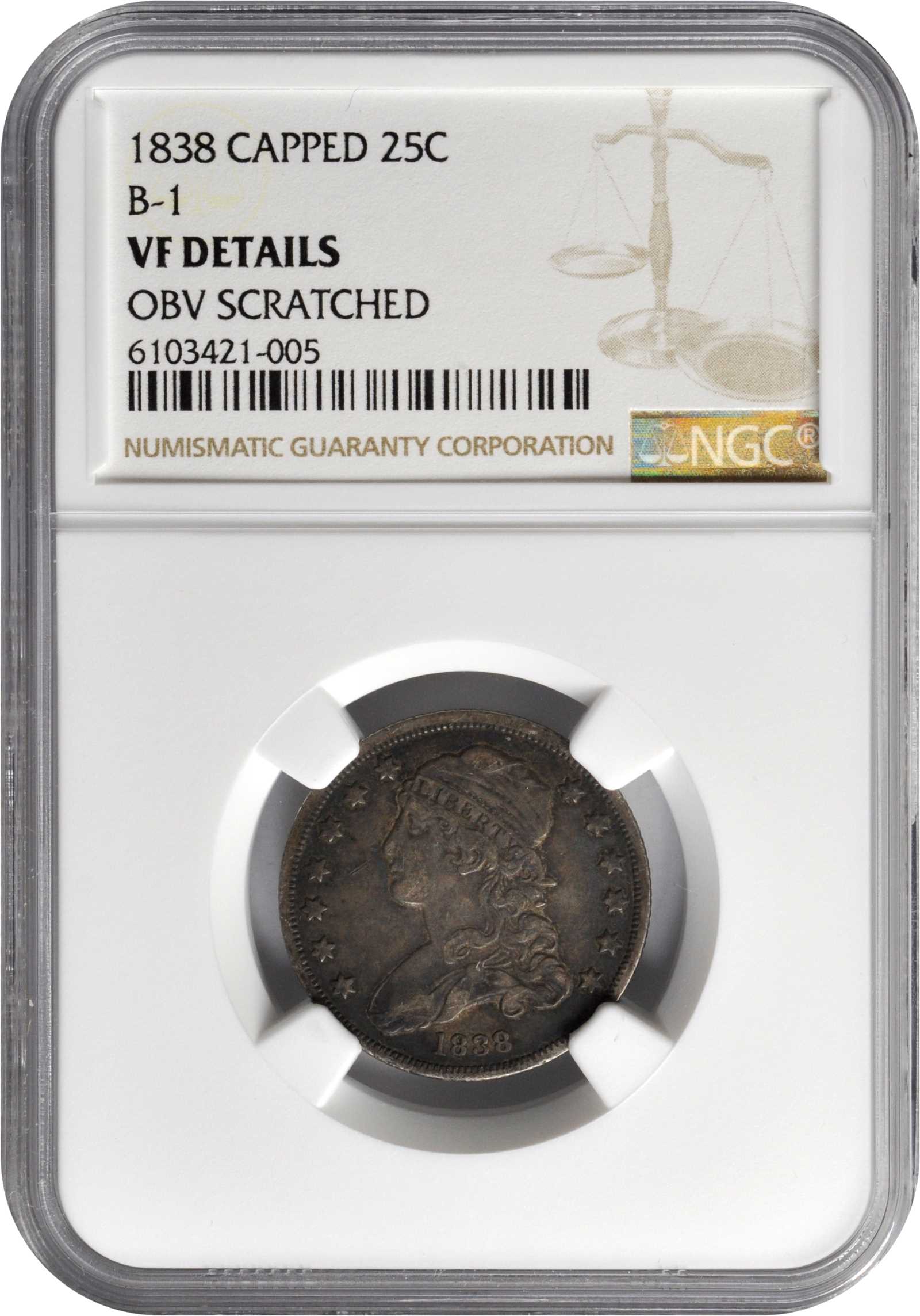 1838 25c Capped Bust, B-1 AG2 thumbnail 3