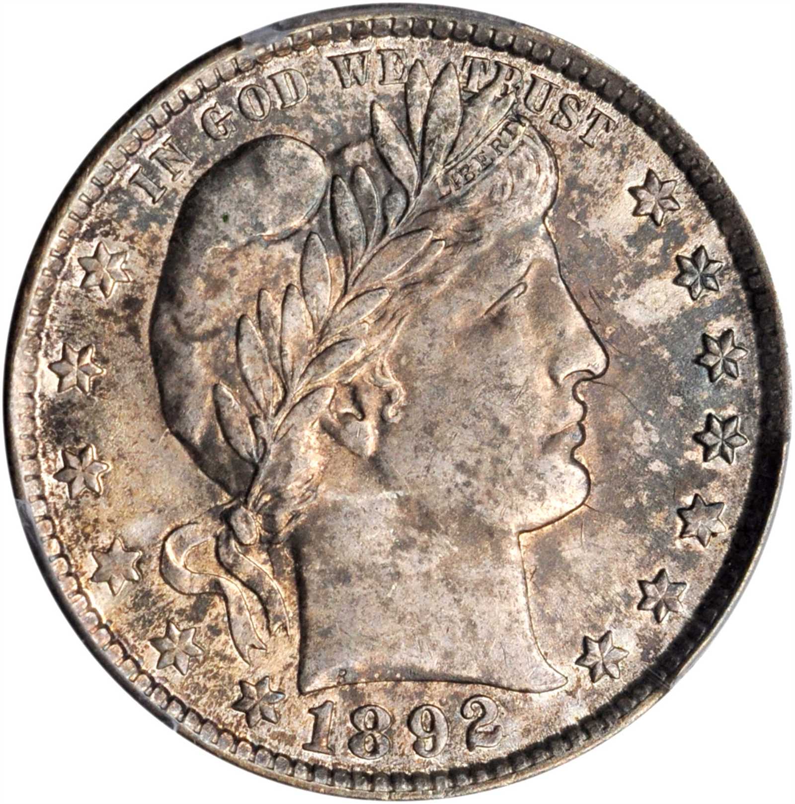 1892-O Barber Quarter. Type II Reverse. FS-901. Clashed Dies. MS-64 (PCGS).