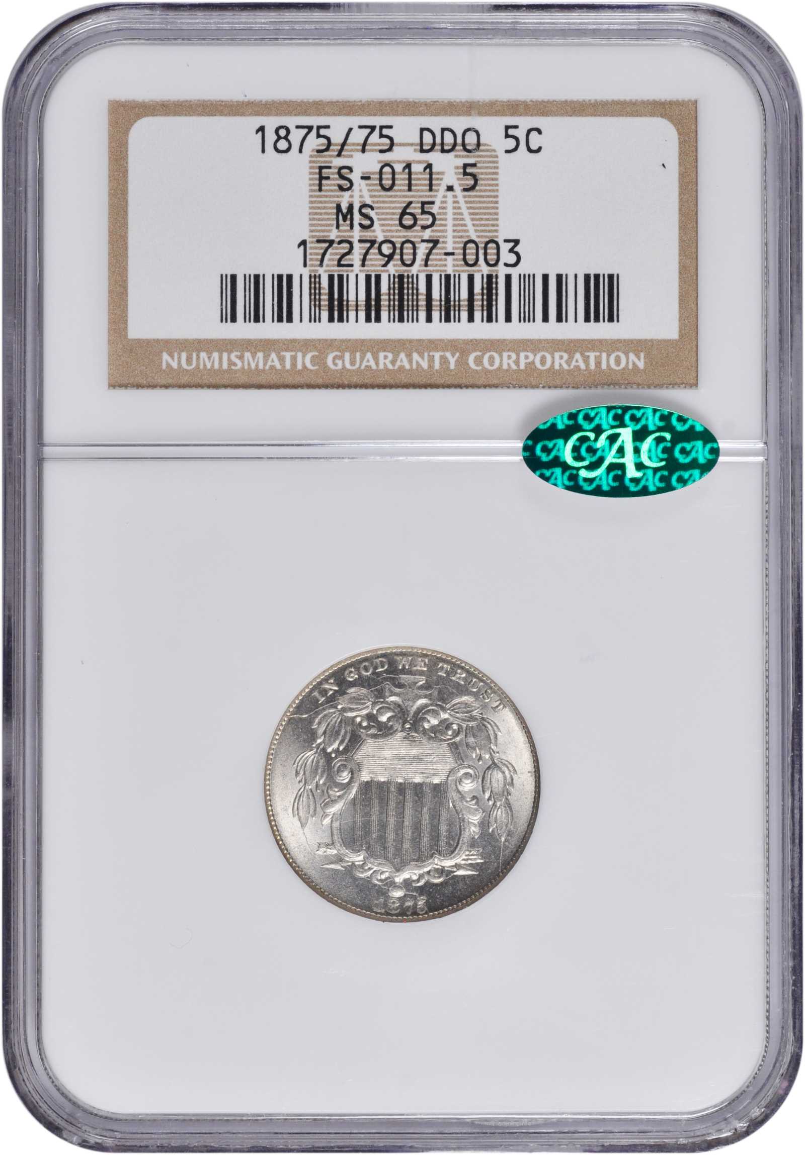 1875 5c Double Die Obverse, FS-103 AG3 CAC thumbnail 4
