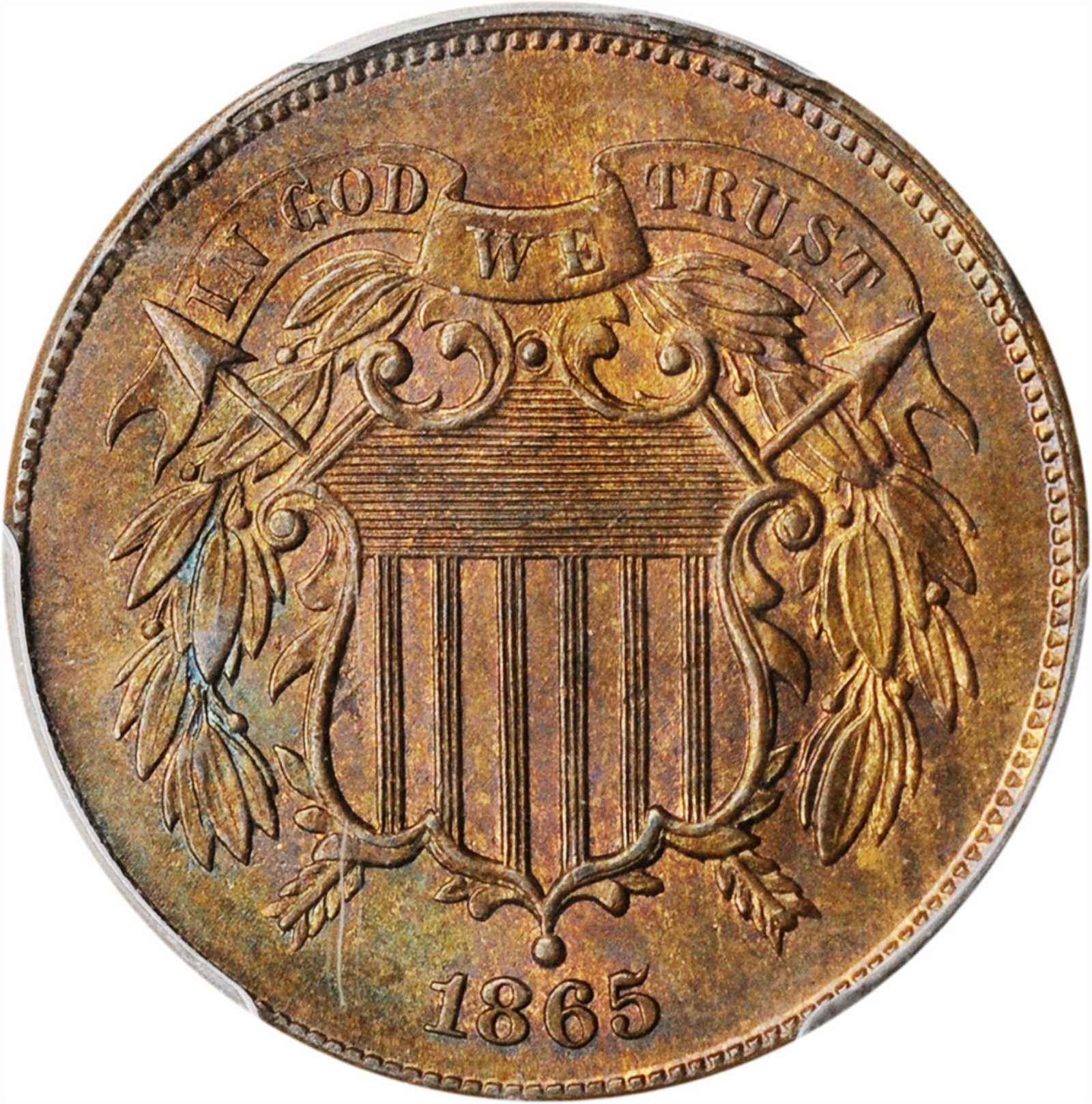 1865 Two-Cent Piece. Fancy 5. MS-66 RB (PCGS).