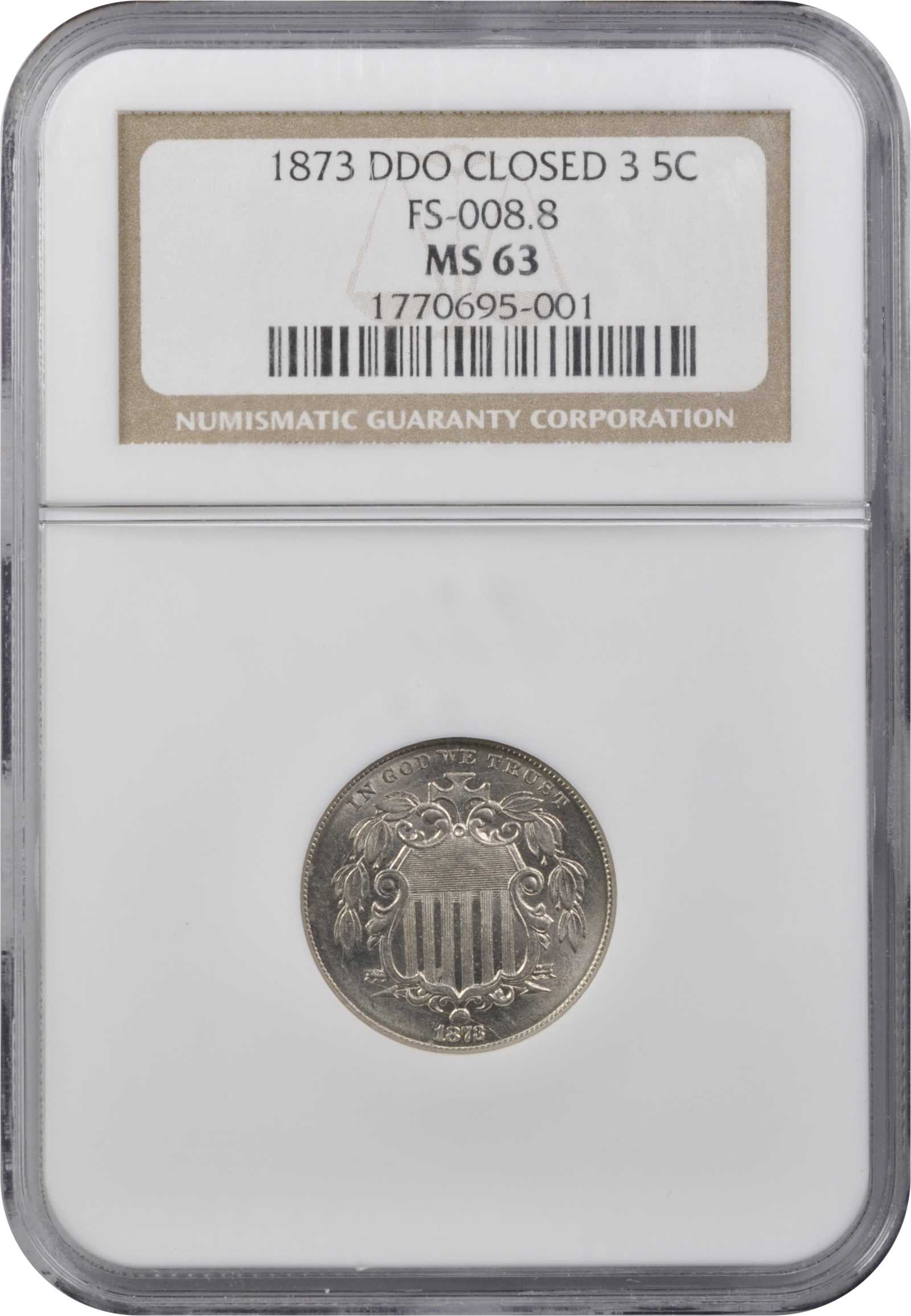 1873 5c Doubled Die Obverse, Closed 3, FS-103 MS65 CAC thumbnail 3
