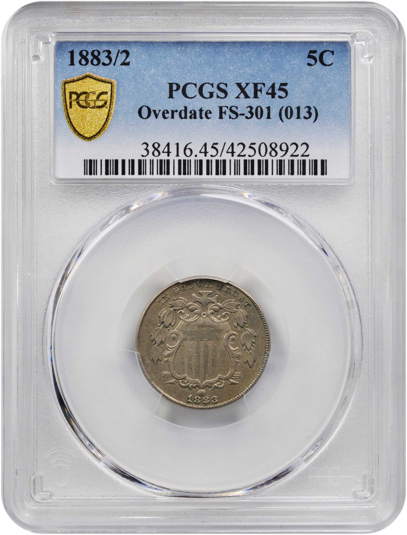 1883/2 5c Shield, Overdate, FS-301 VF30 thumbnail 8
