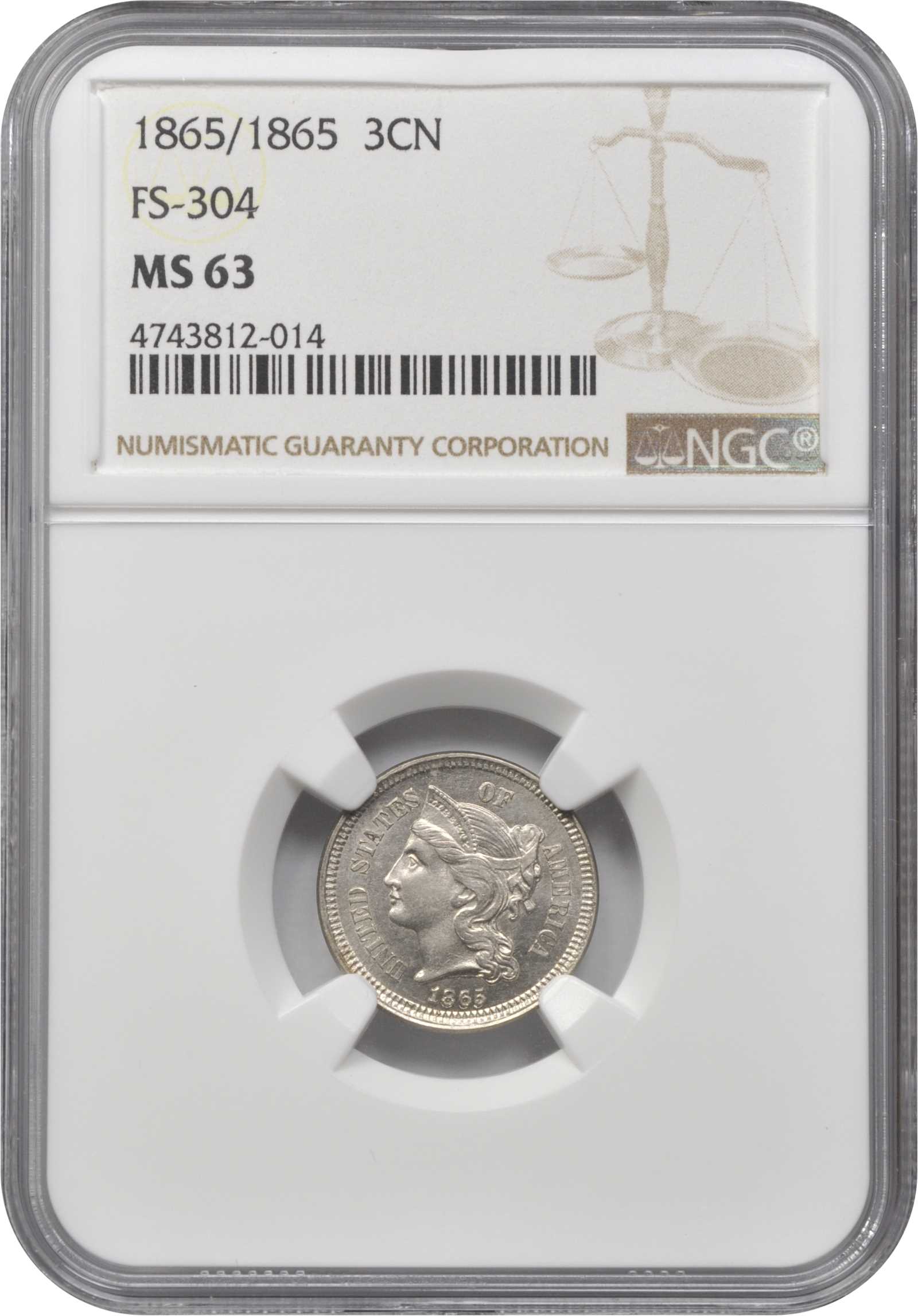 1865 3cN Repunched Date, FS-304 VG10 CAC thumbnail 6