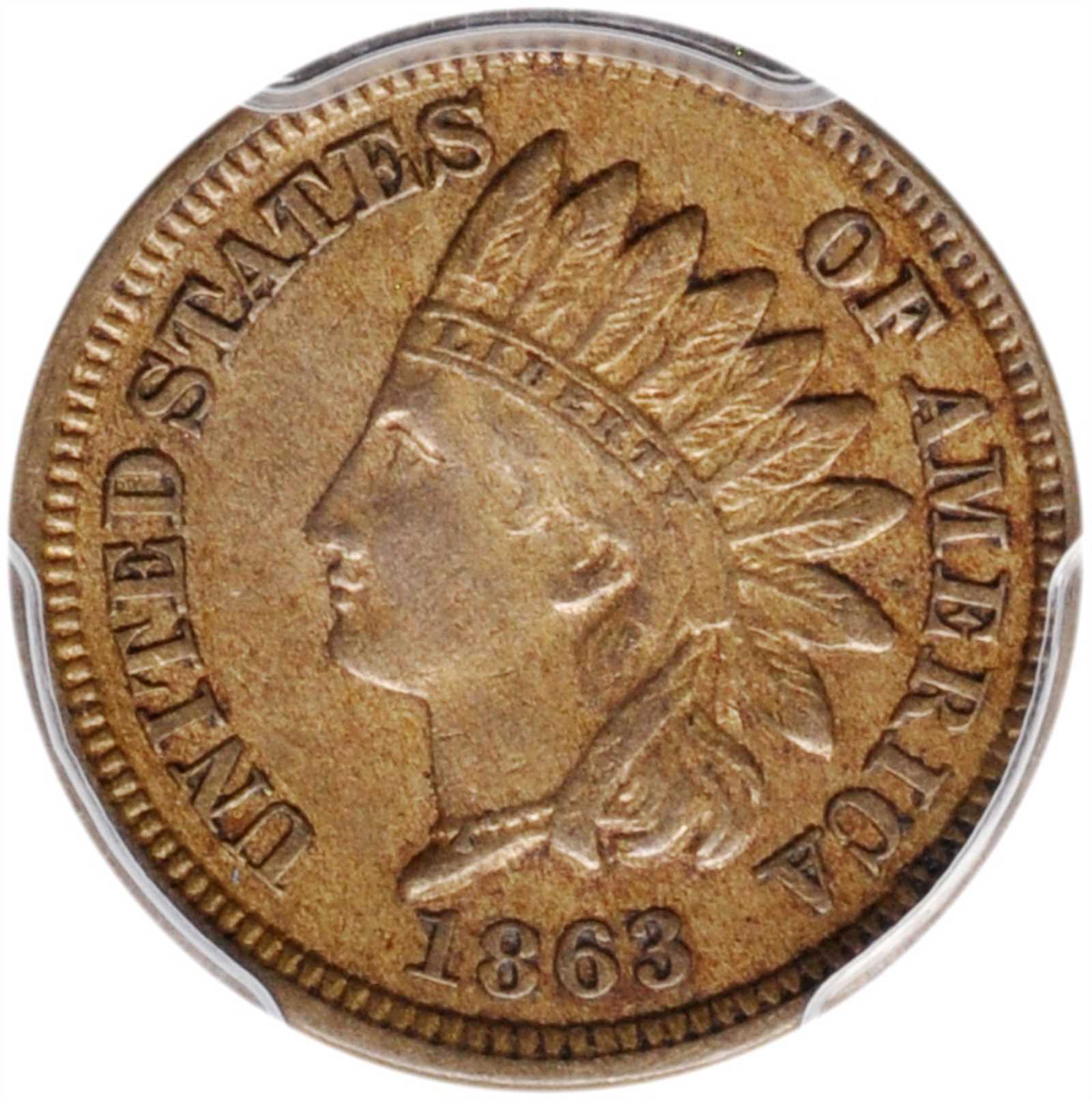 1863 Indian Cent. Snow-20, FS-302. Misplaced Date. AU-55 (PCGS). CAC. Eagle Eye Photo Seal.