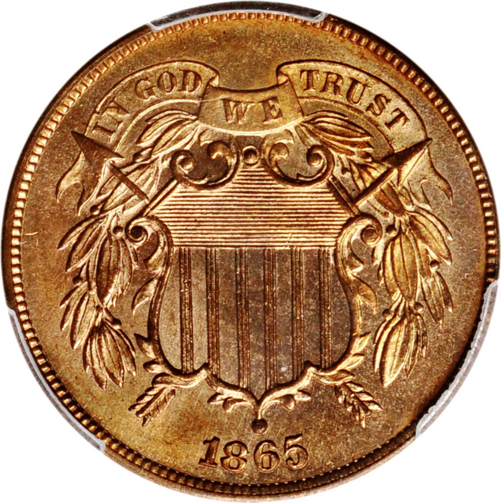 1865 Two-Cent Piece. Plain 5. MS-64 RD (PCGS).