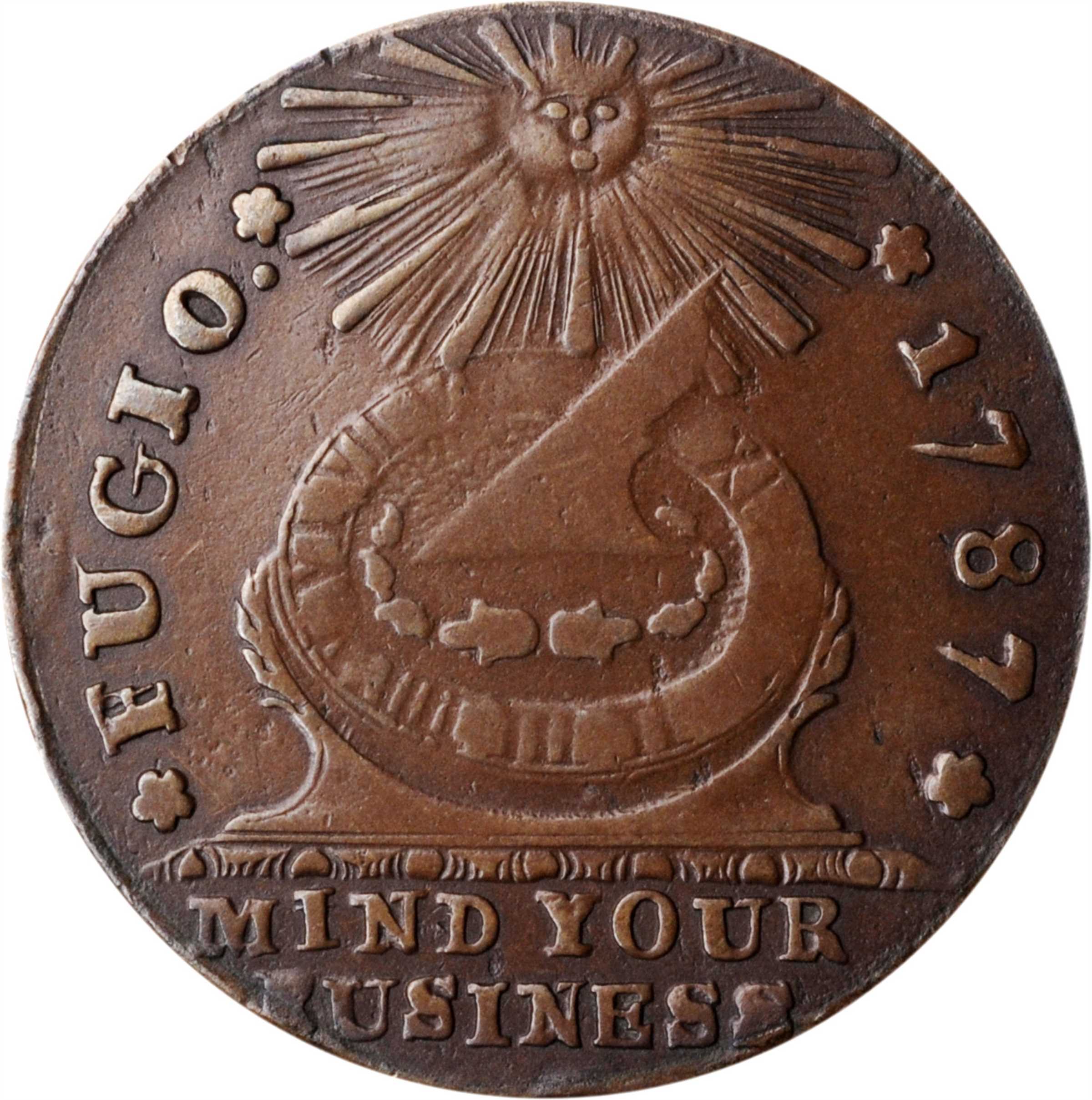 1787 Fugio Copper. Club Rays. Newman 3-D, W-6680. Rarity-3. Rounded Ends. EF-45 (PCGS).