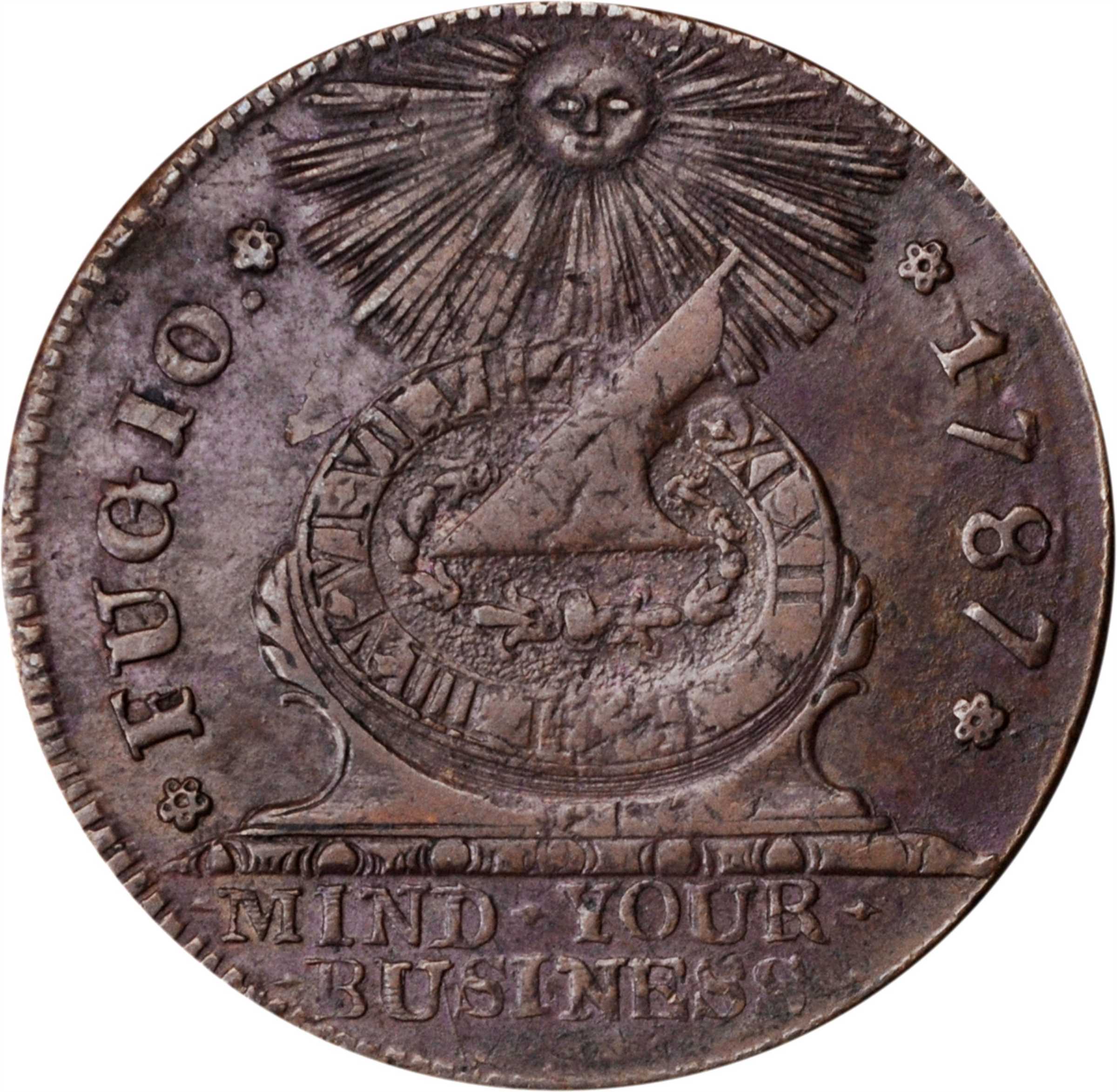 1787 Fugio Copper. Pointed Rays. Newman 13-R, W-6850. Rarity-4. STATES UNITED, 4 Cinquefoils. EF-40 (PCGS).