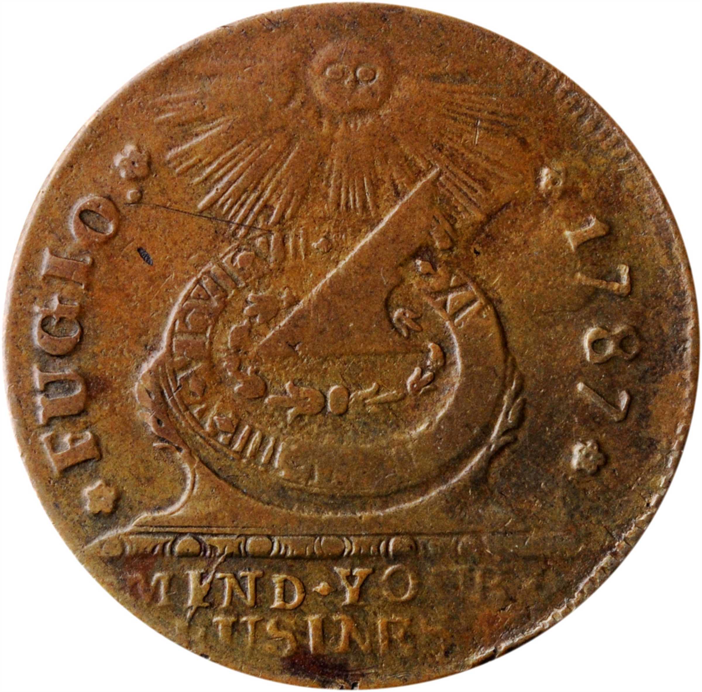 1787 Fugio Copper. Pointed Rays. Newman 18-H, W-6950. Rarity-5. UNITED STATES, 4 Cinquefoils. EF-40 (PCGS).