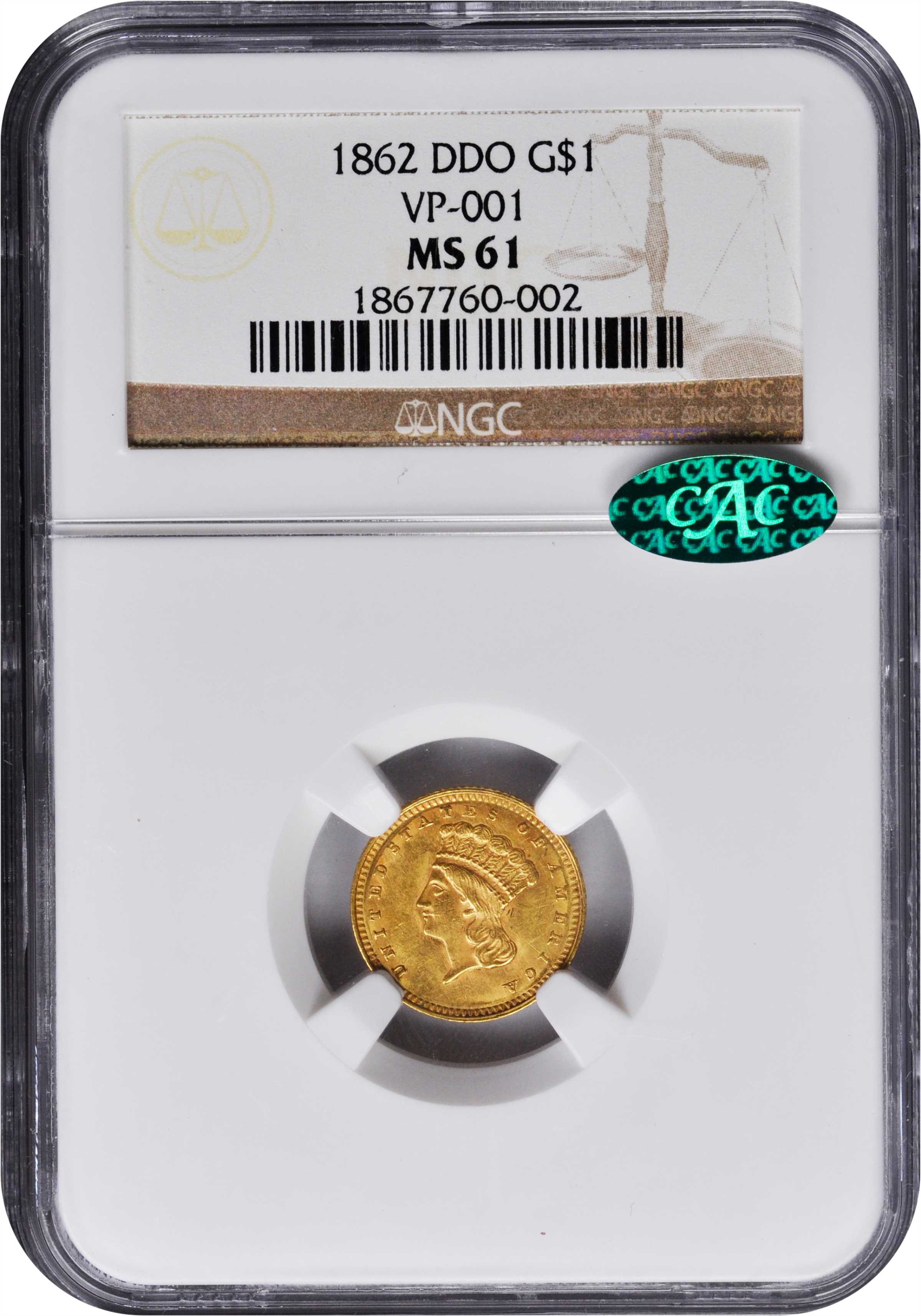 1862 G$1 Doubled Die Obverse, FS-101 MS thumbnail 5