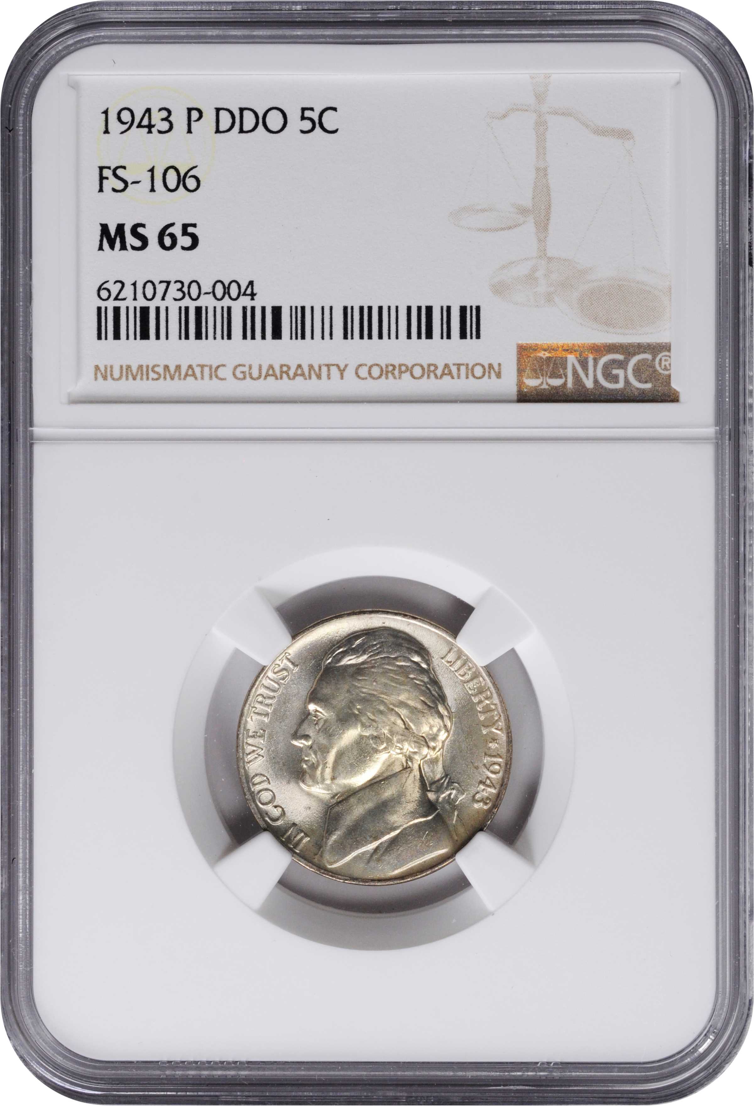 1943-P 5c Silver, DDO, "Doubled Eye", FS-106 MS63 thumbnail 9