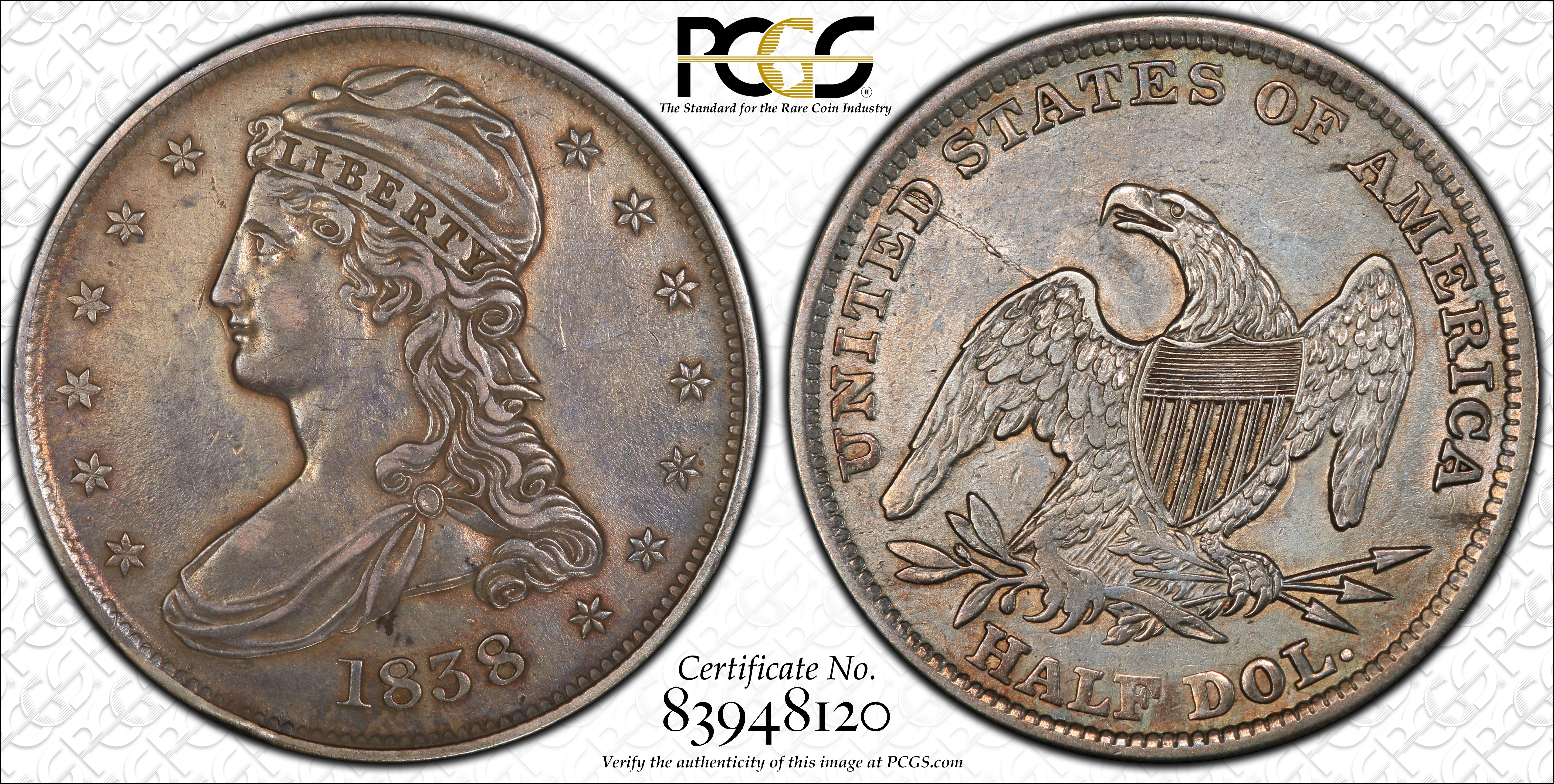 1838 50c Reeded Edge, GR-4 VG8 CAC thumbnail 2