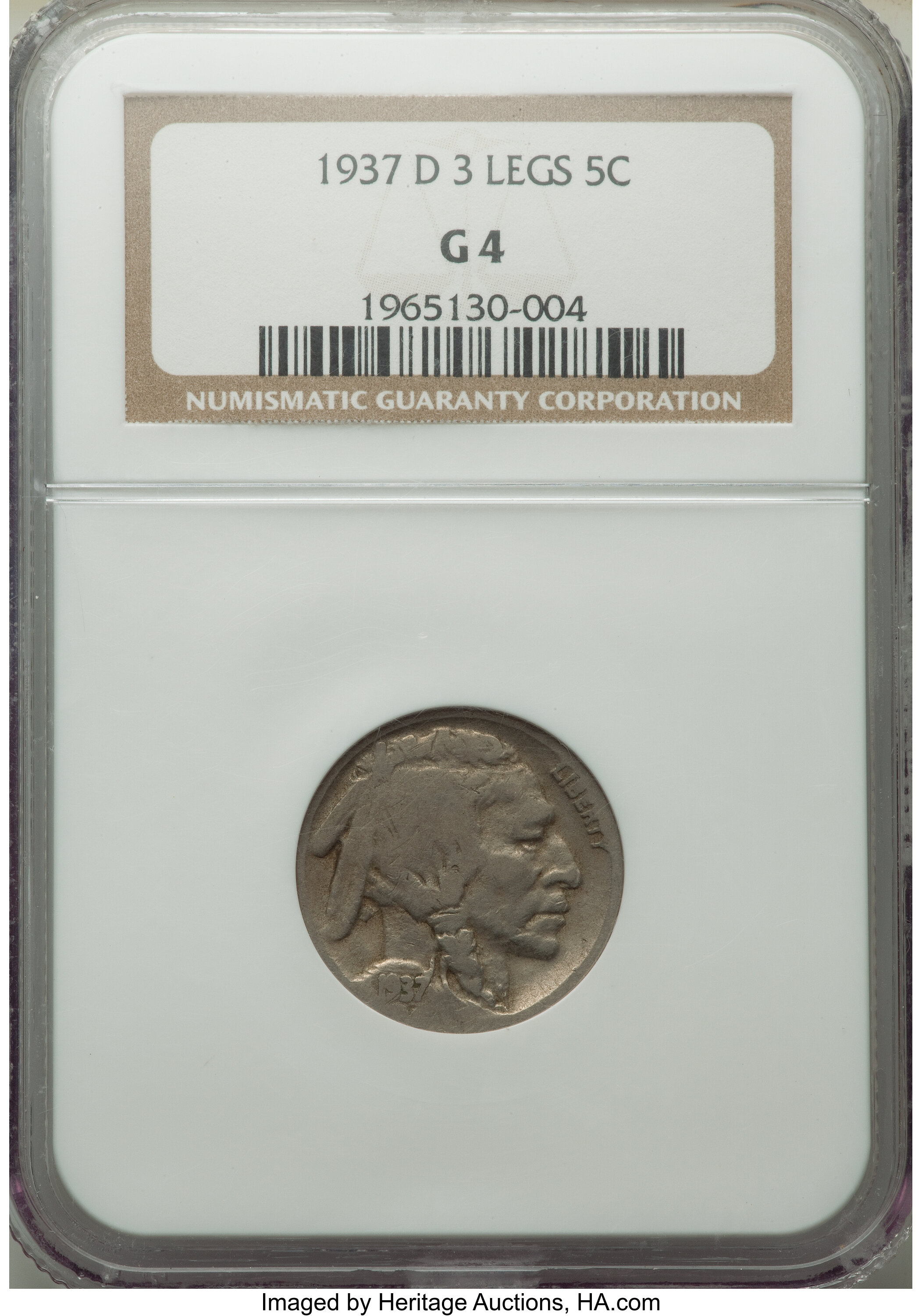 1937-D 5C Three-Legged, FS-901, Good 4 NGC. NGC Census: (4/7161). PCGS Population: (0/178). Good 4 . Mintage 17,826,000. ...