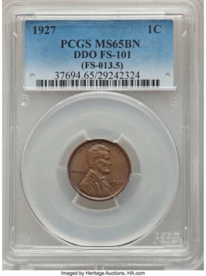 image for: 1927 1C Doubled Die Obverse, FS-101, MS65 Brown PCGS. (FS-013.5). PCGS Population: (1/0). NGC Census: (0/0). MS65. Mintage...