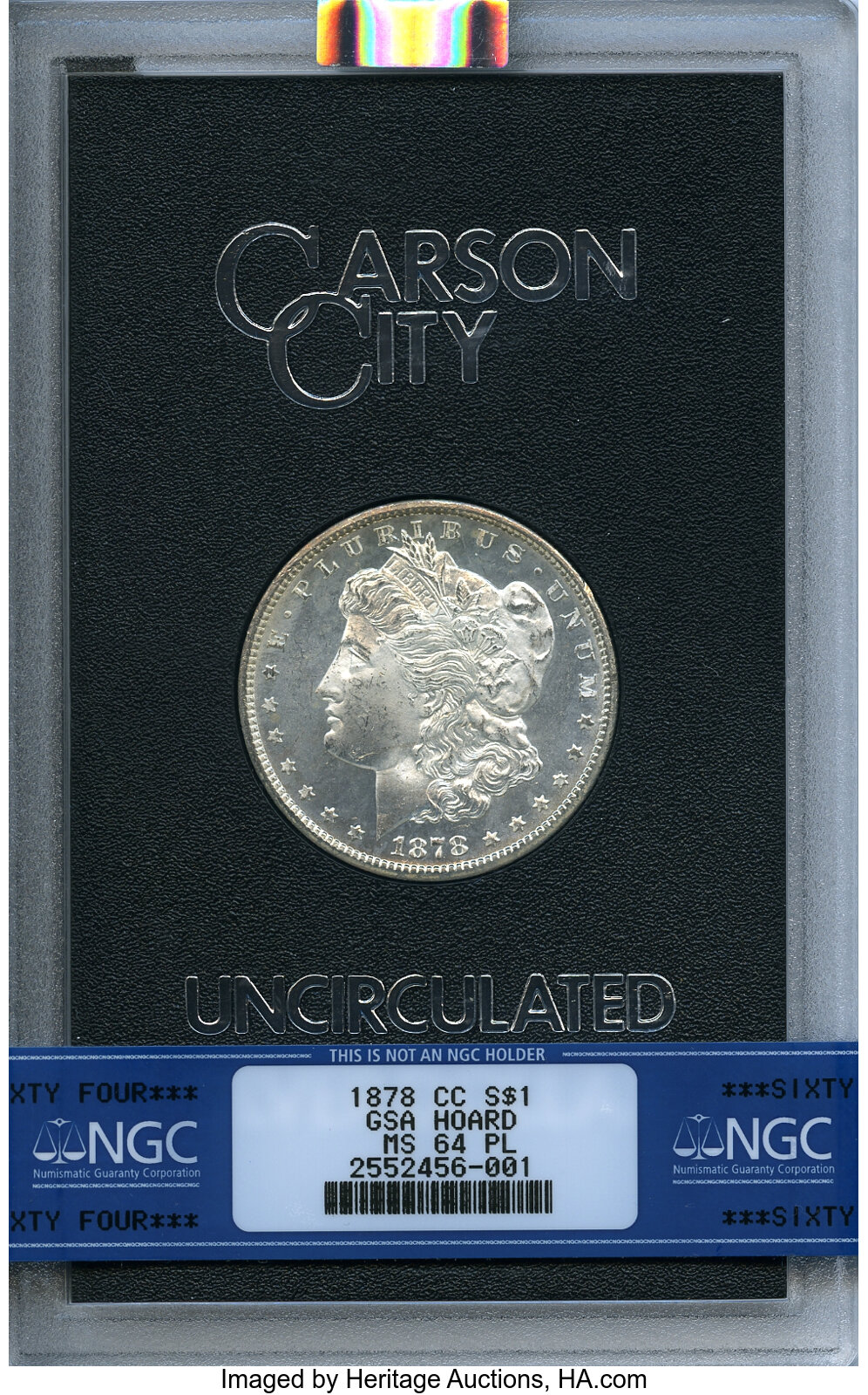 1878-CC $1 GSA MS64 Prooflike NGC. Box and COA Included. NGC Census: (76/8). PCGS Population: (12/2). MS64. Mintage 2,212,0...
